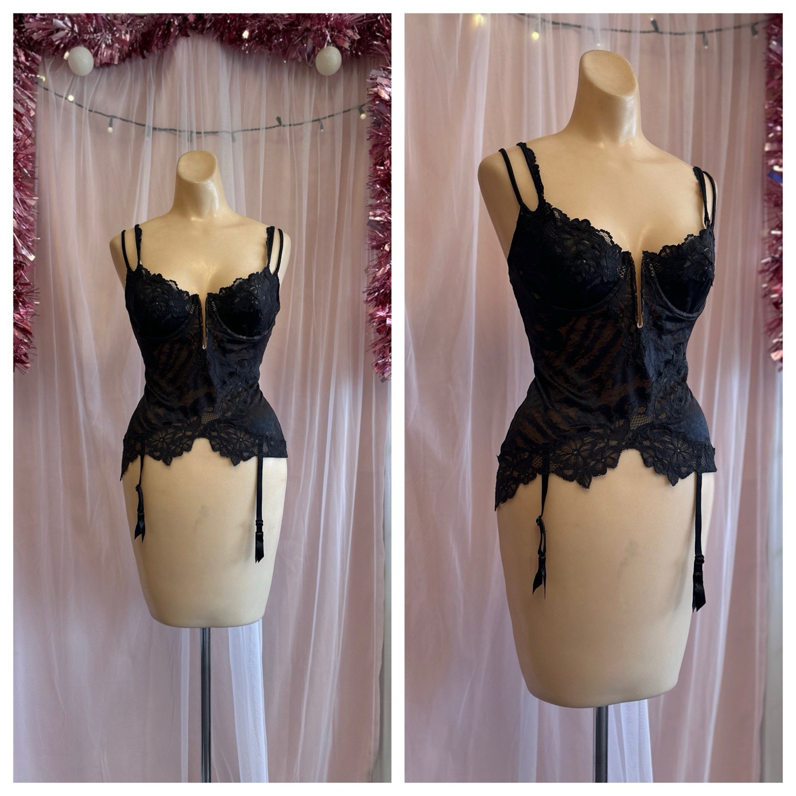 Vintage Y2K Corset Bustier Top Black Victoria’s Secret Pink Label Garters 36C M