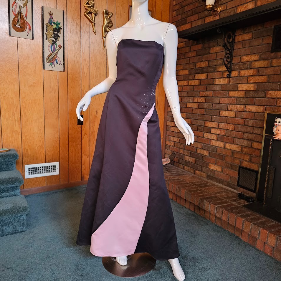 Vtg 90s Y2K Fairy Goth Corset Strapless Rhinestone Pink Black Prom Ball Gown L