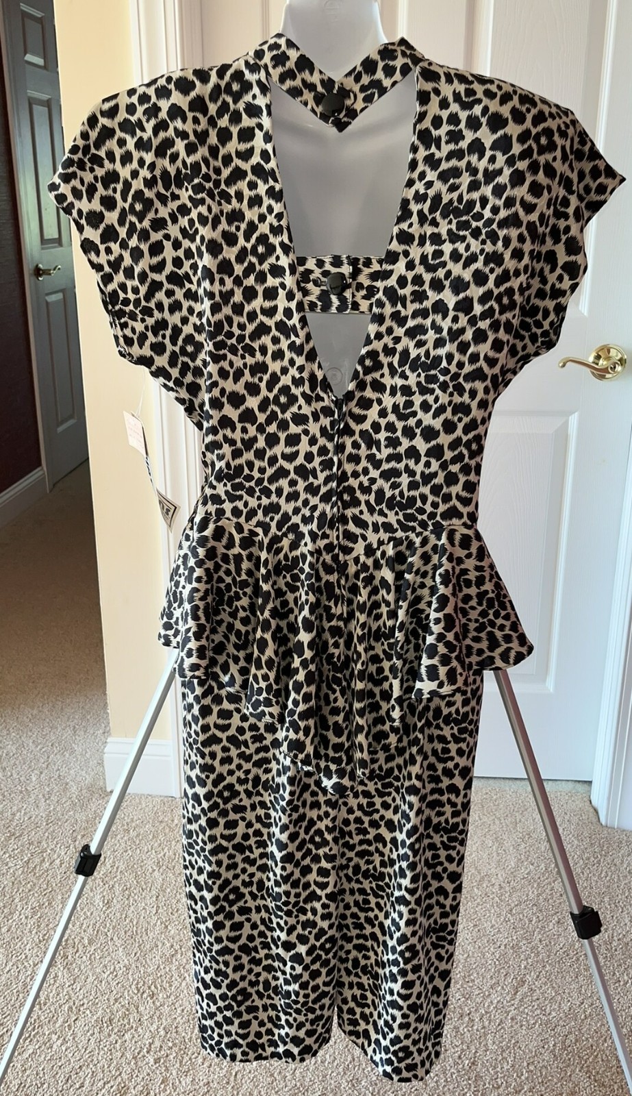 Vintage Tags 1980s Leopard Print Peplum Cap Slv Dress Open Back Sz 16 Curr 10-12