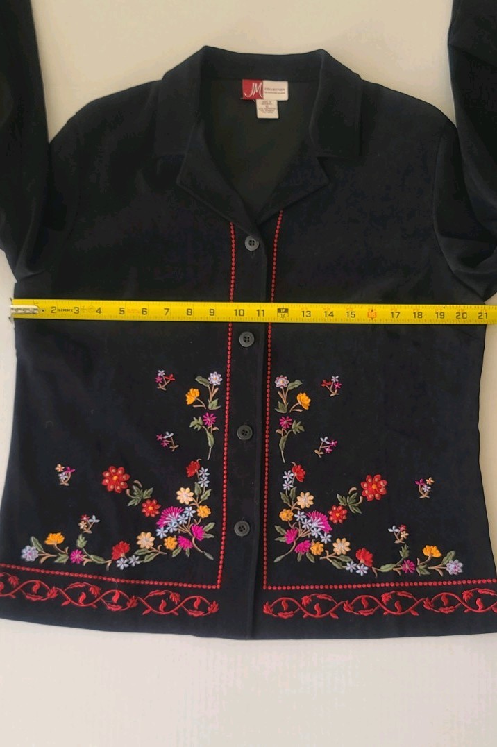 Vintage black Faux Suede Top Jacket Embroidered Red Pink Yellow Flowers. size 12