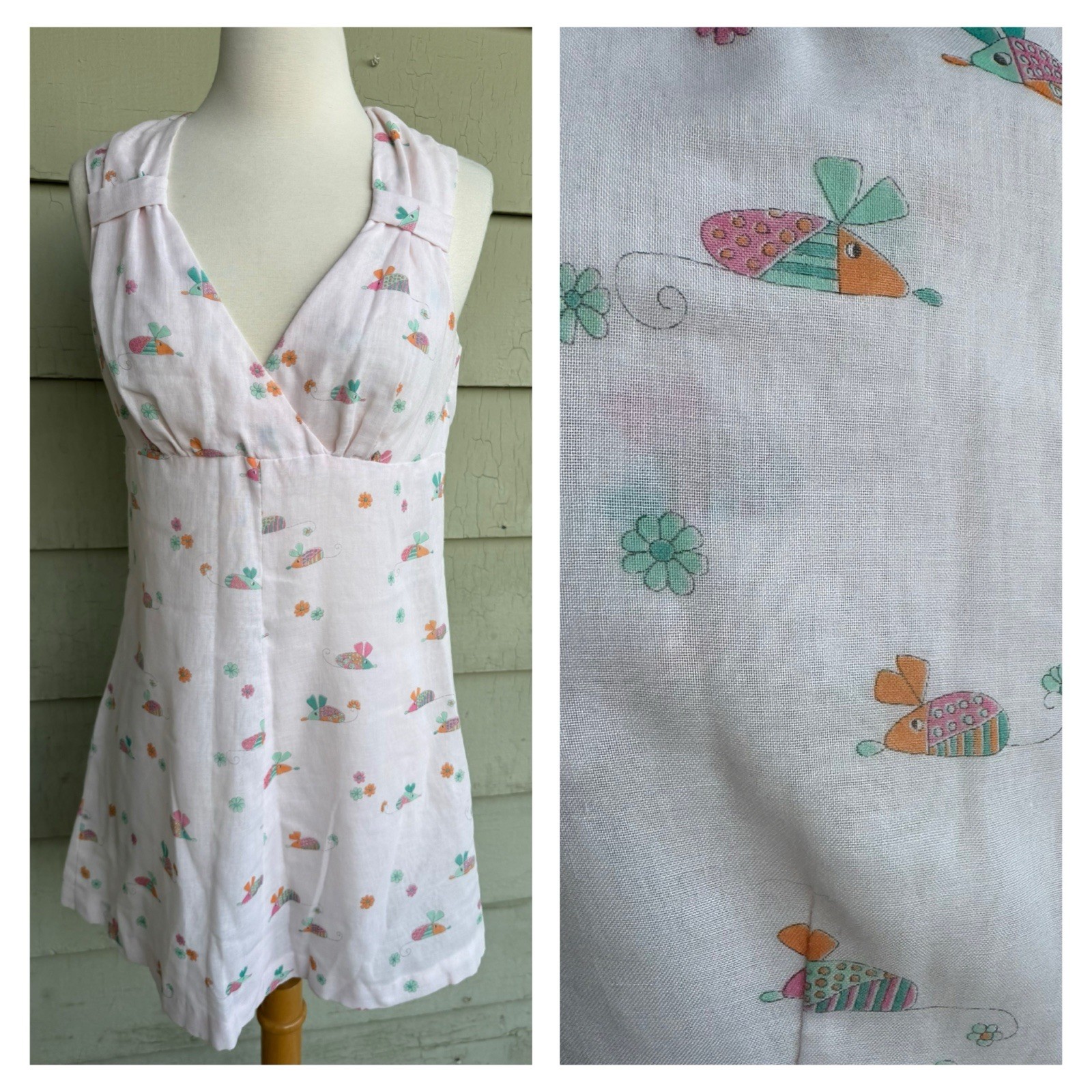 Vtg 70’s Terri Petites Mini Dress Pink Pastel Mouse Flower Print Junior 13 Wmn S