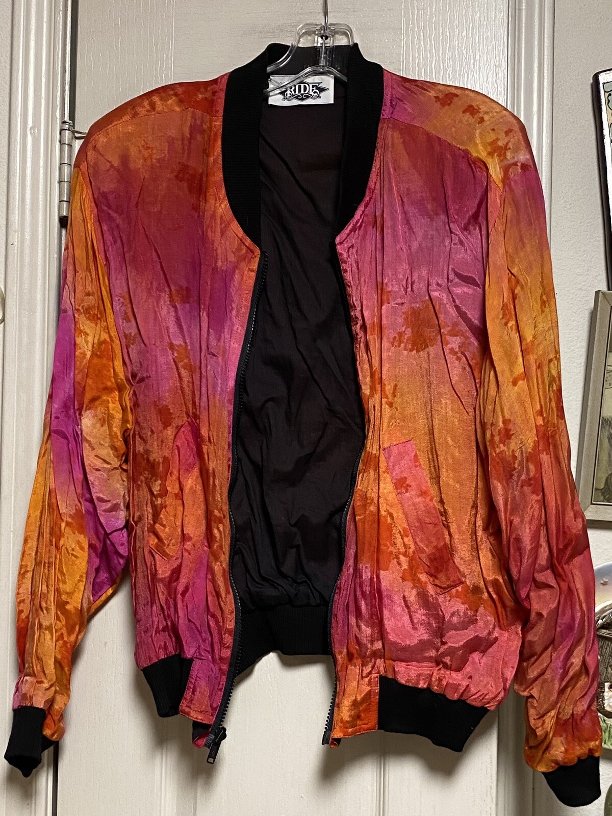 Vintage RIDE Rayon/Cotton Fuchsia Orange & Black Bomber Jacket W/Shoulder Pads