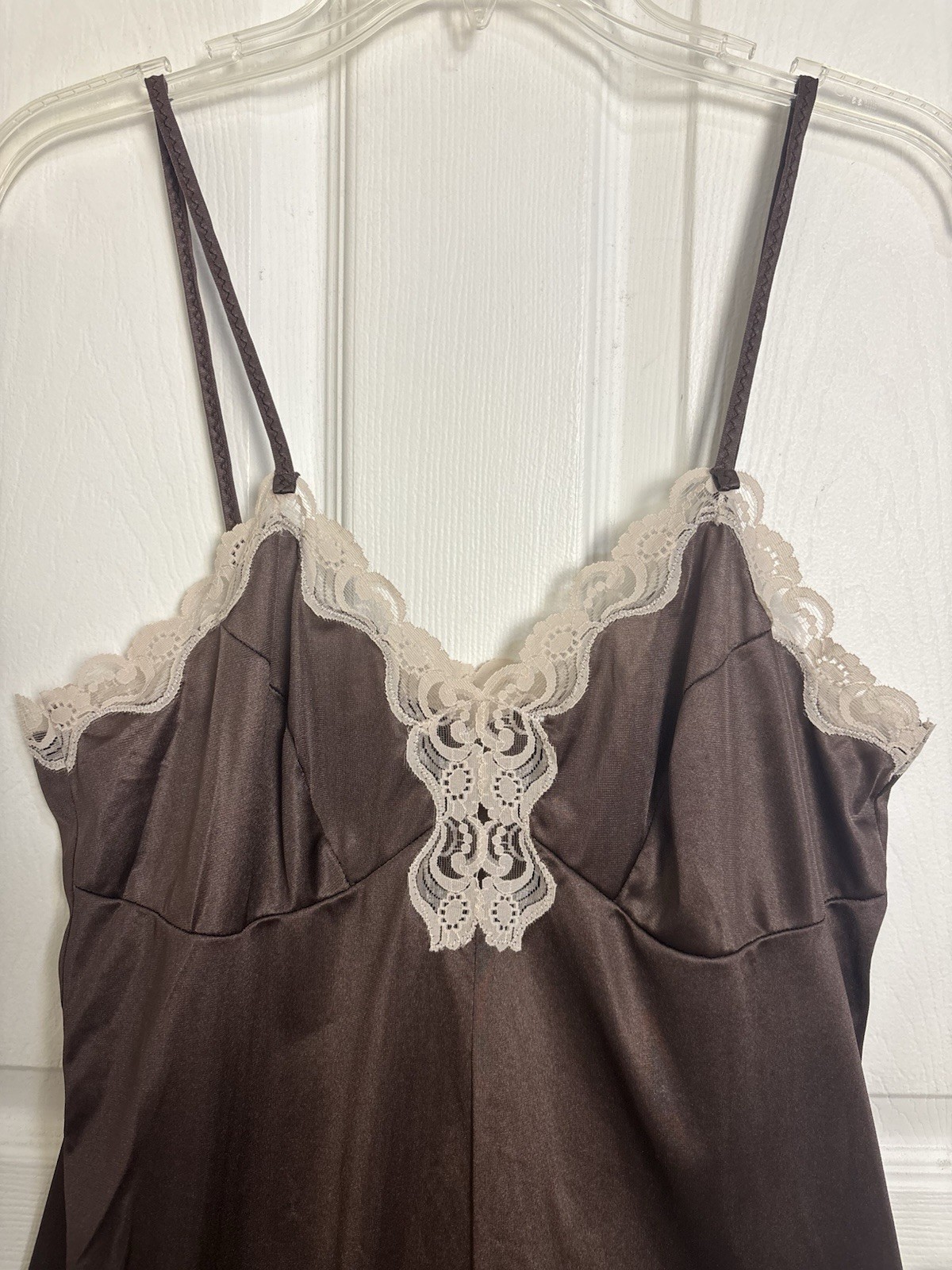 Vtg 70s 80s Chocolate Brown Lace Trim Teddy Romper Lingerie 38 Nylon USA