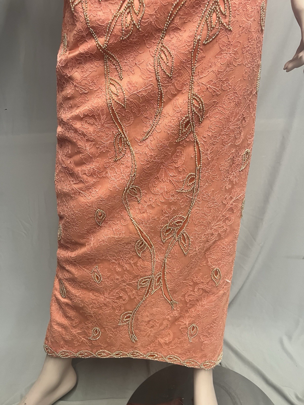 Elegant 1950’s Peach Beaded Lace Evening Gown Mory Roen Couture
