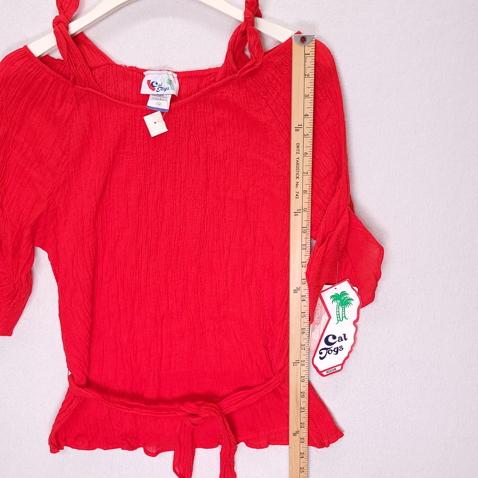 Vintage Cal Jogs Red Cold Shoulder Gauze Peplum Top Tie Waist Medium