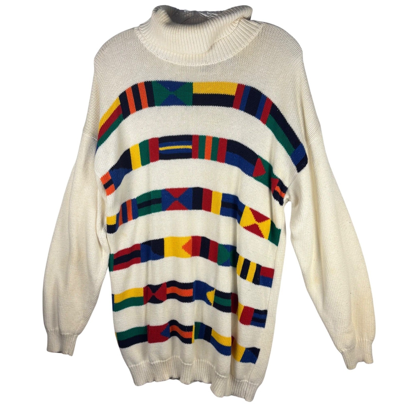 Vintage Field Gear Nautical Signal Flag Turtleneck Sweater White Cotton Womens M