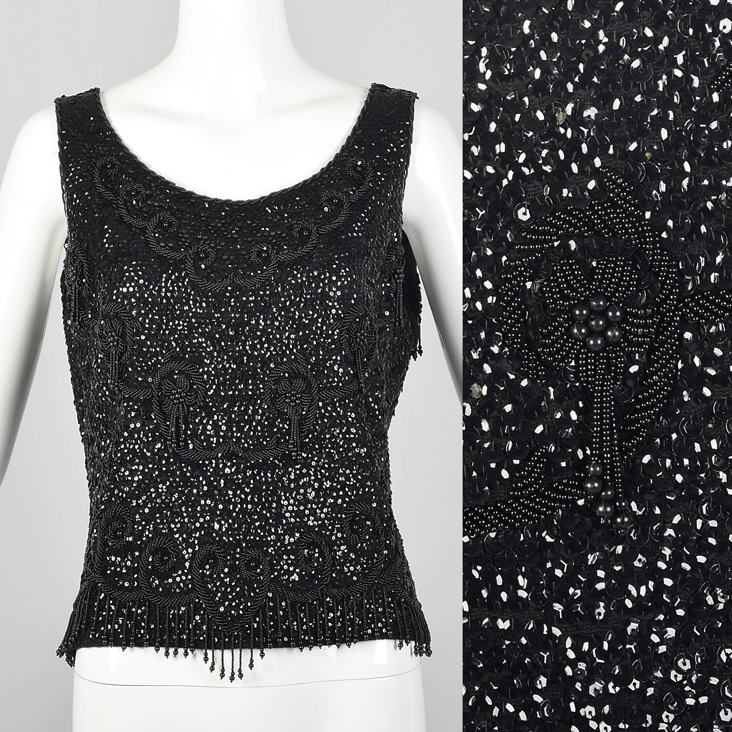Medium 1960s Beaded Blouse Vintage Sleeveless Tank Scoop Neck Top Sequin 60s Mod