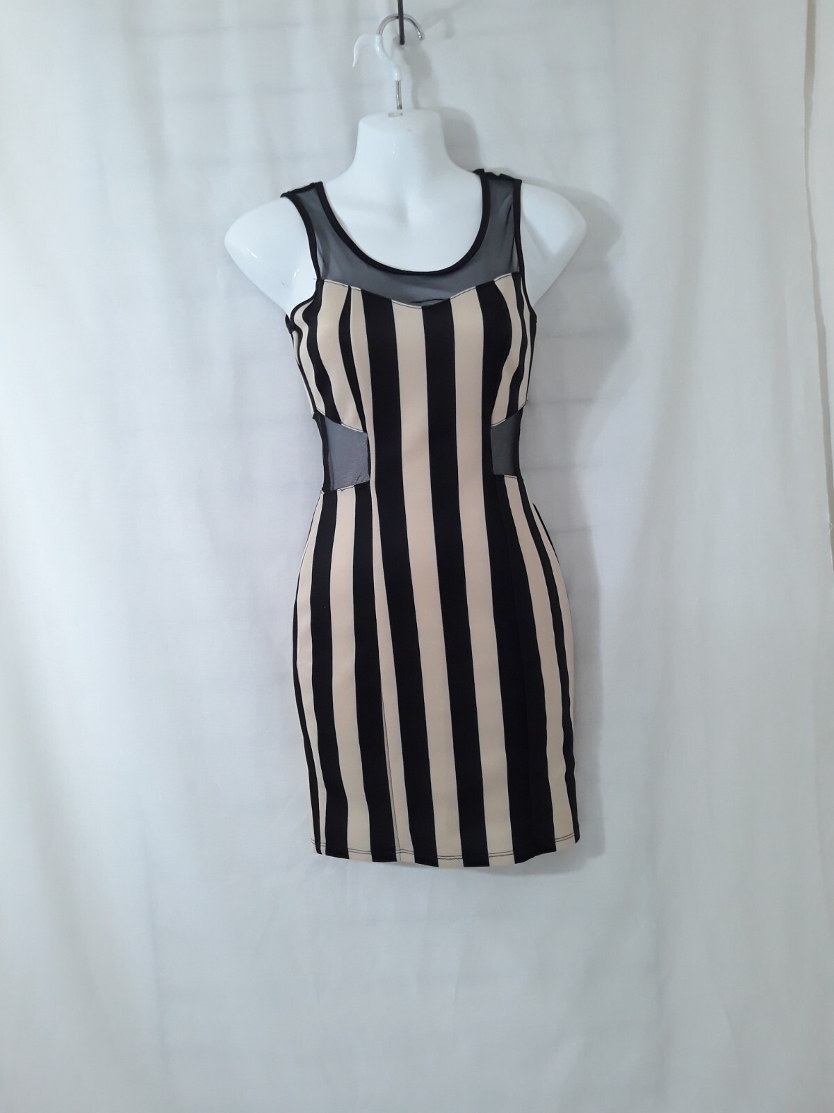 Vintage Wet Seal Body Con Mini Dress – Black & Nude Stripe – Mesh Cut outs – XS