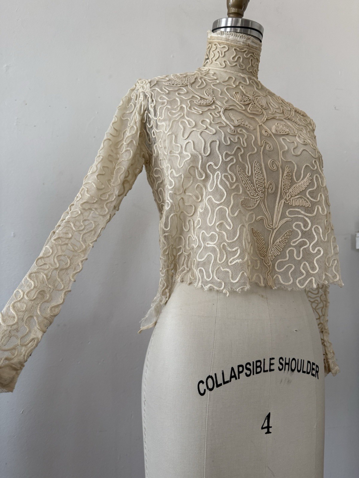 Antique Sheer Net Lace Blouse Top Cord Soutache Embroidery Art Nouveau Bridal XS
