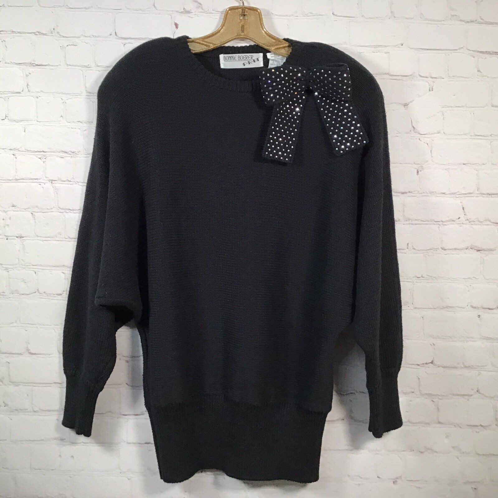 Vintage 80’s Oversized Black Rhinestone Bow Sweater Bonnie Boerer Batwing