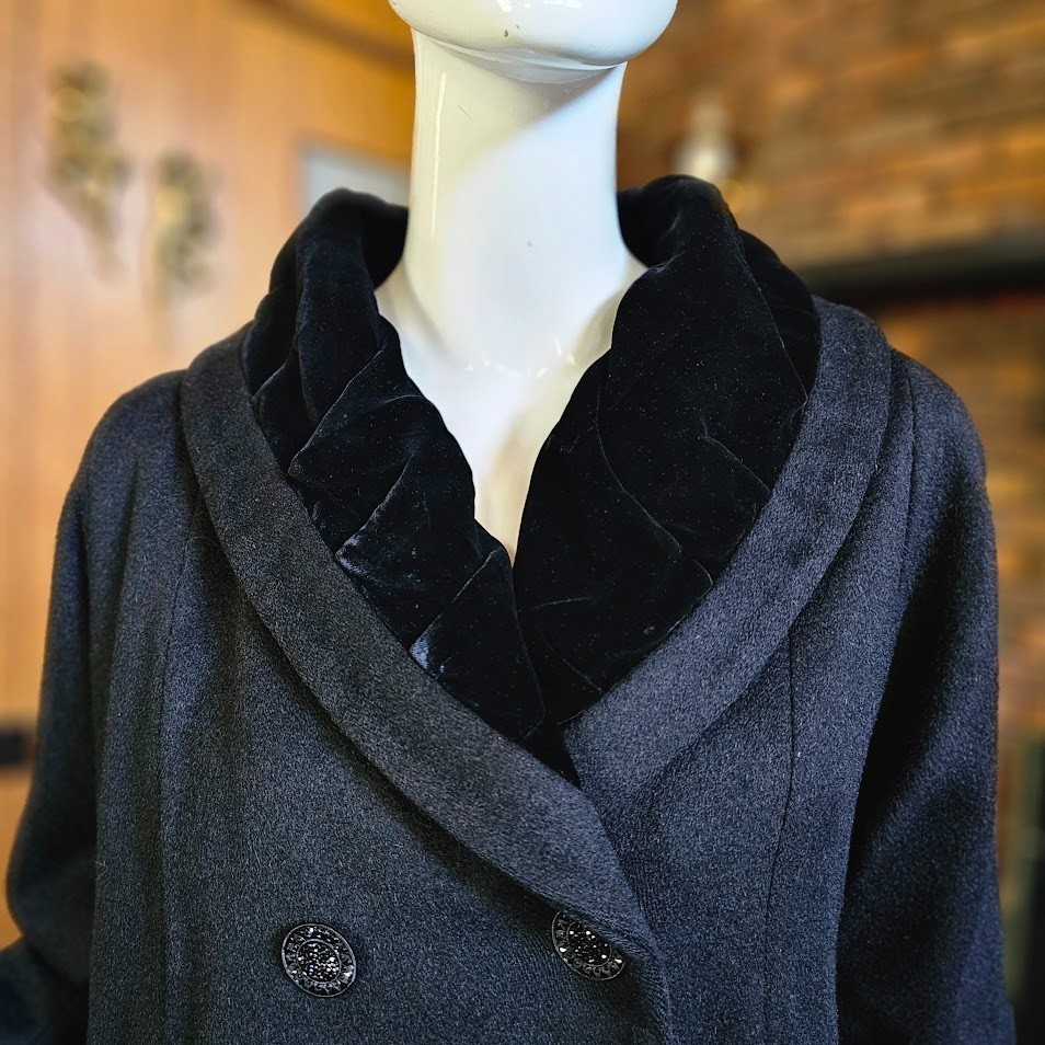 Vtg 50s Lilli Ann Velvet Shawl Collar Swing Princess Opera Formal Wool Coat L/XL