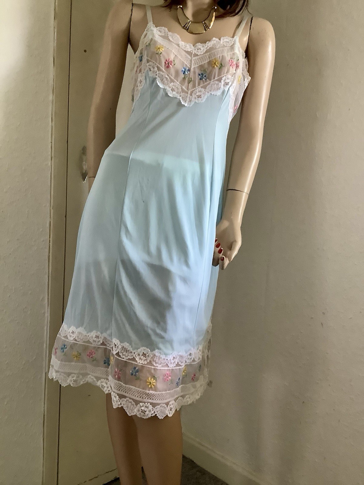 Vtg Mint Sheer Perlon Nylon Deep MultColoured Lace Full Slip Petticoat 14 (EU 42