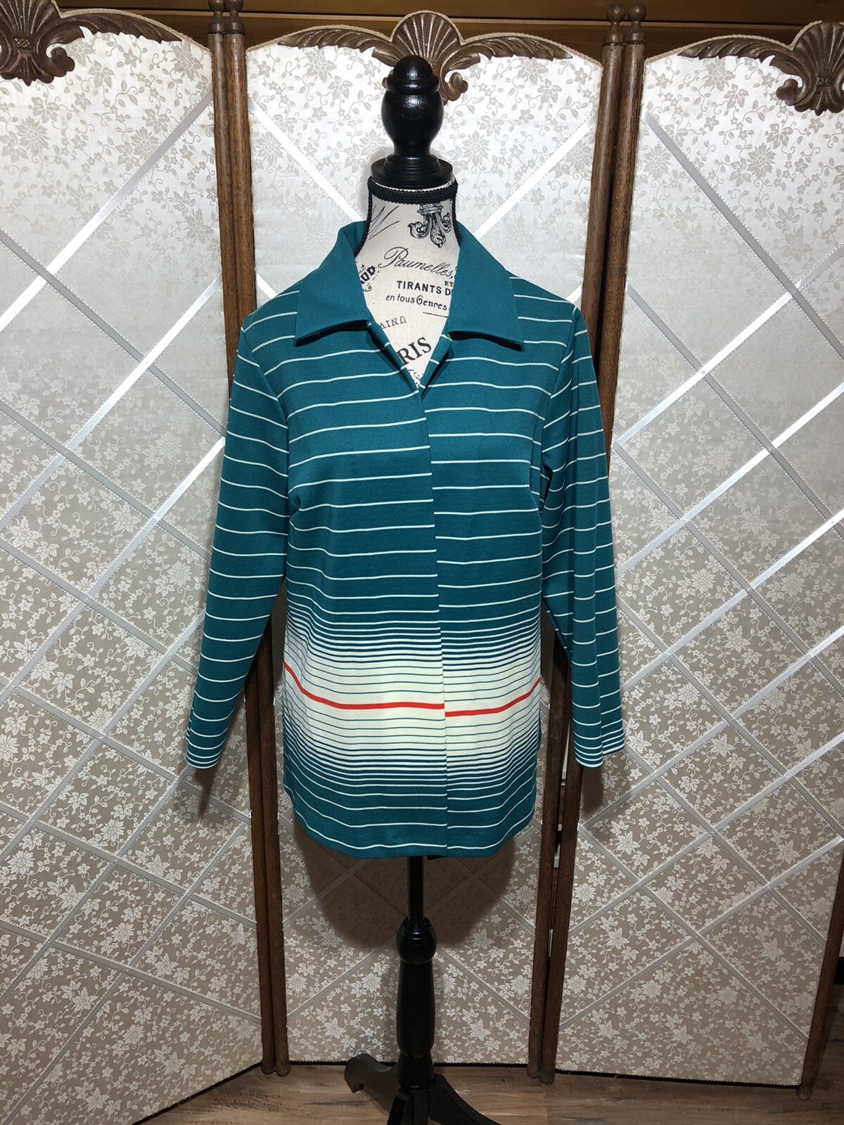 Vintage 70s Open Front Polyester Jacket Teal Multi Color Stripe Size 18