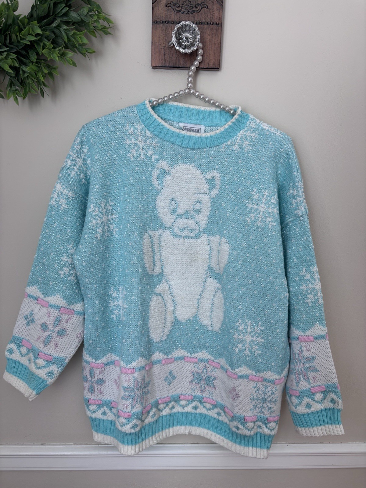 Vintage Arielle Womens Size L Teddy Bear Sweater Pastel Green Pink Grandmacore