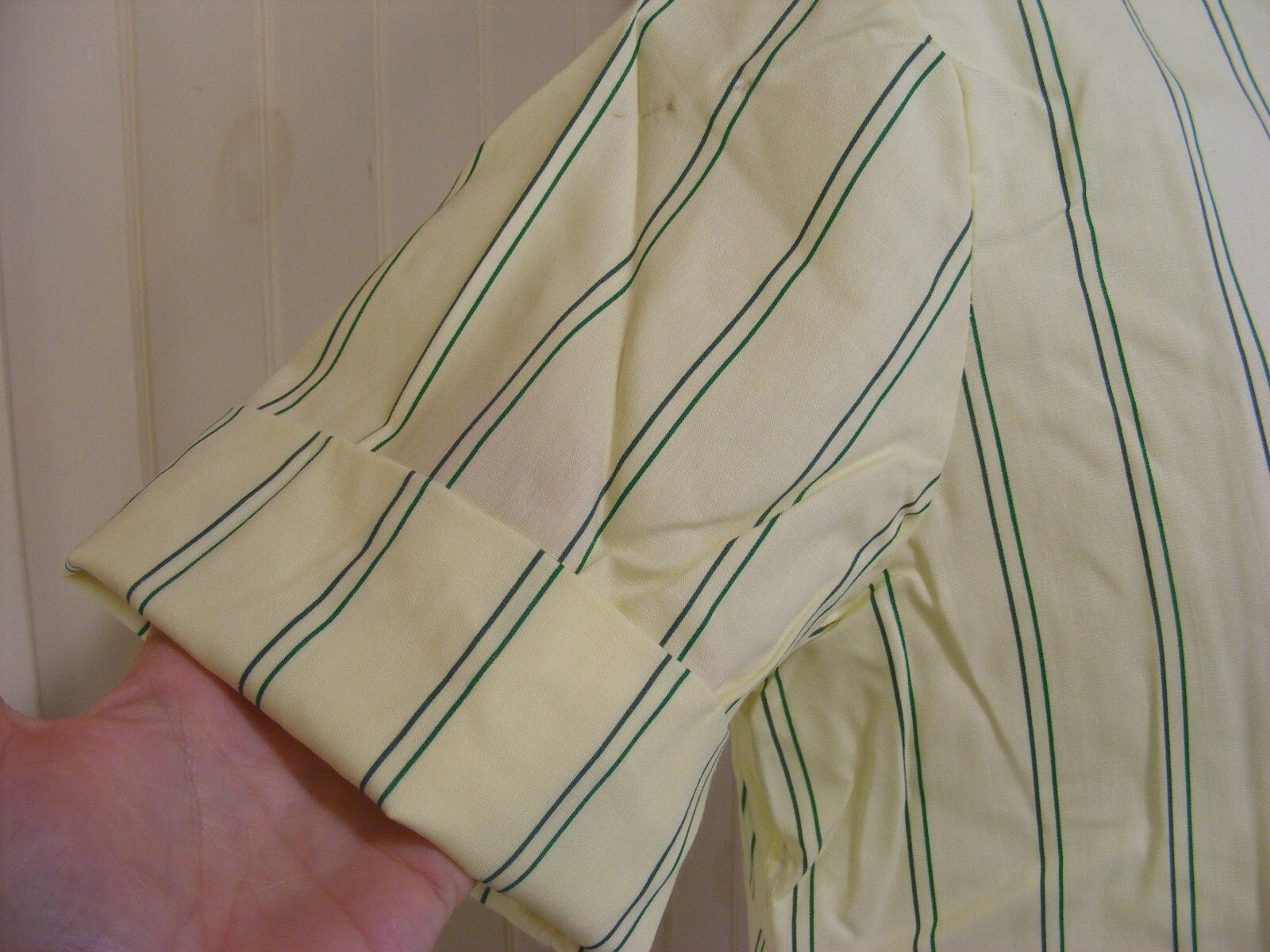 60s SHIRT DRESS BUTTON UP RAYON COTTON DEADSTOCK LEMON YELLOW GREEN STRIPE M