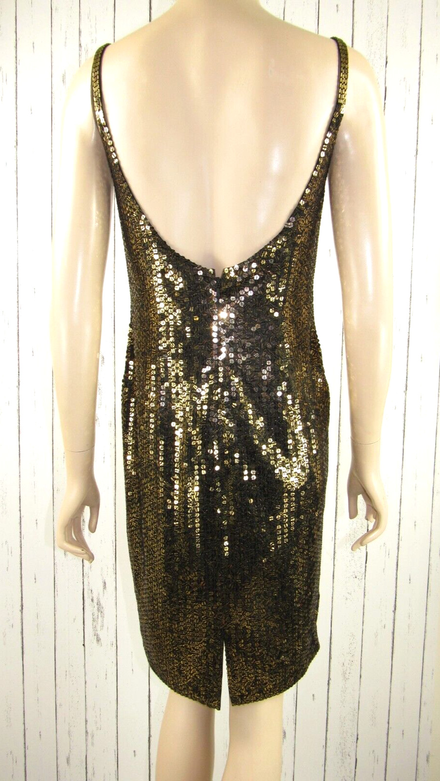 Vintage 80s 90s BLACK TIE Black Gold Sequin Beaded Slip Dress Mini Party Prom M