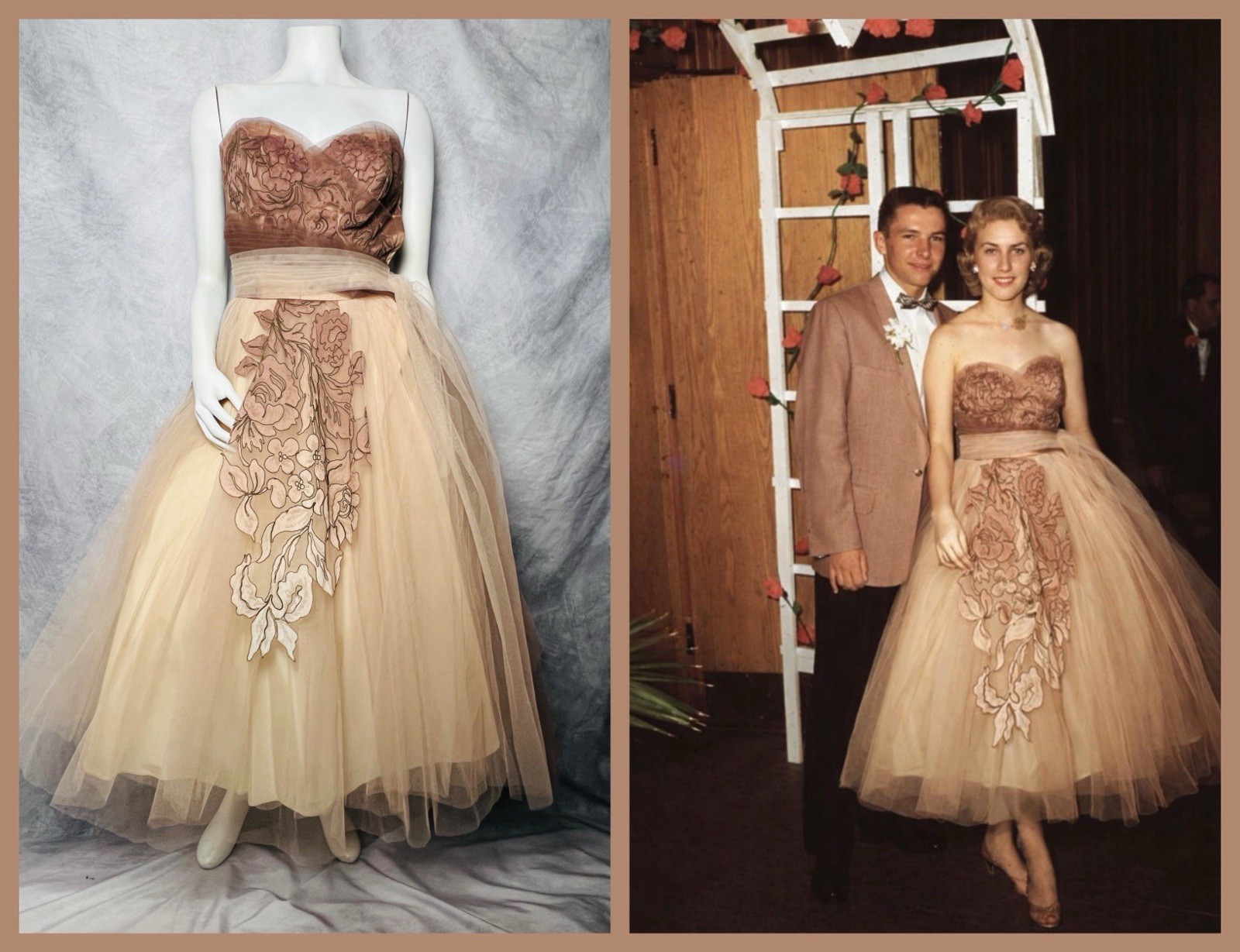 Vintage 1950s Will Steinman Strapless Pink Tulle Applique Full Skirt Gown Dress
