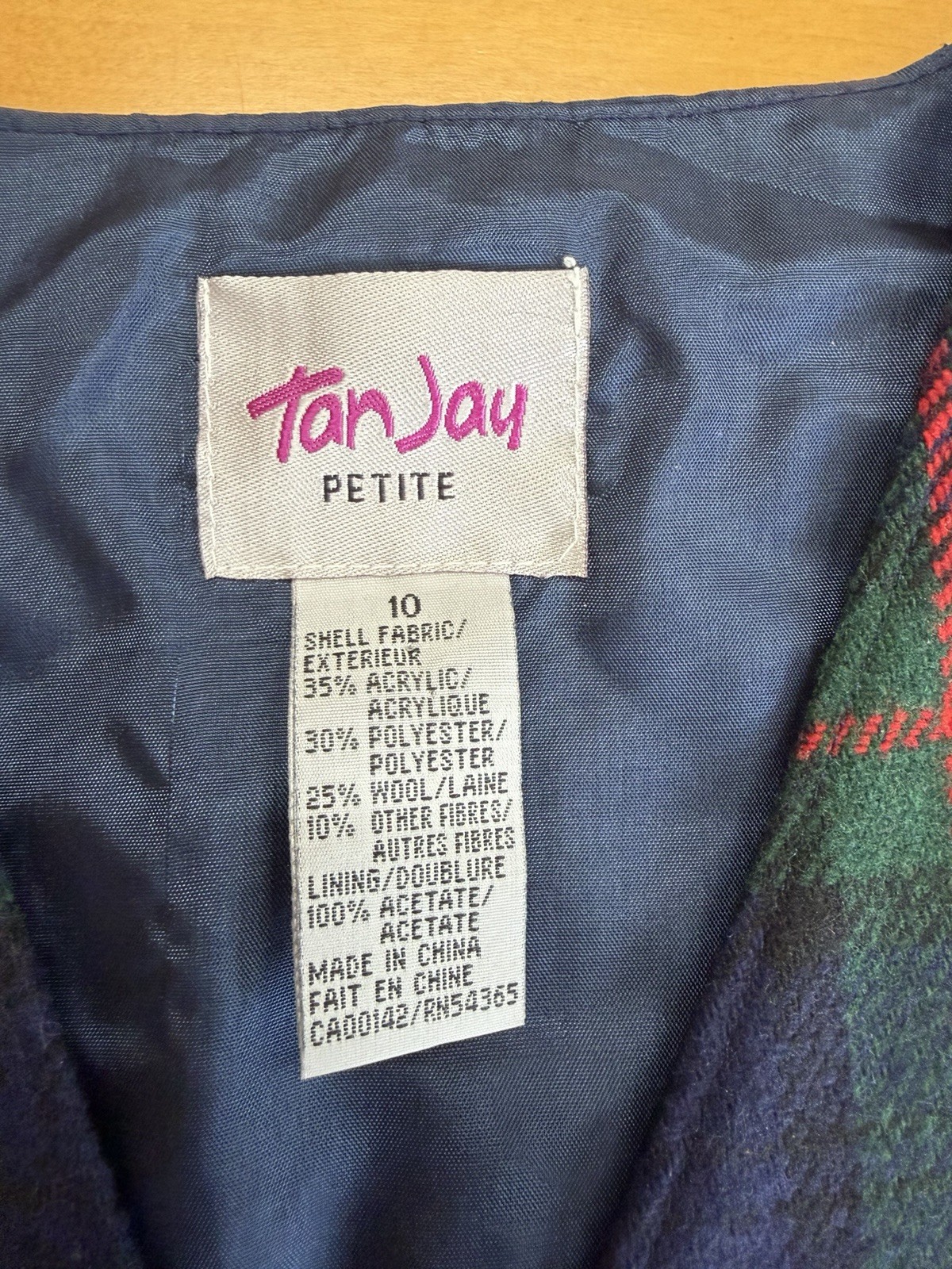 Vintage Tan Jay Petite Multicolor plaid Wool/acrylic/poly Vest Women’s Size 10