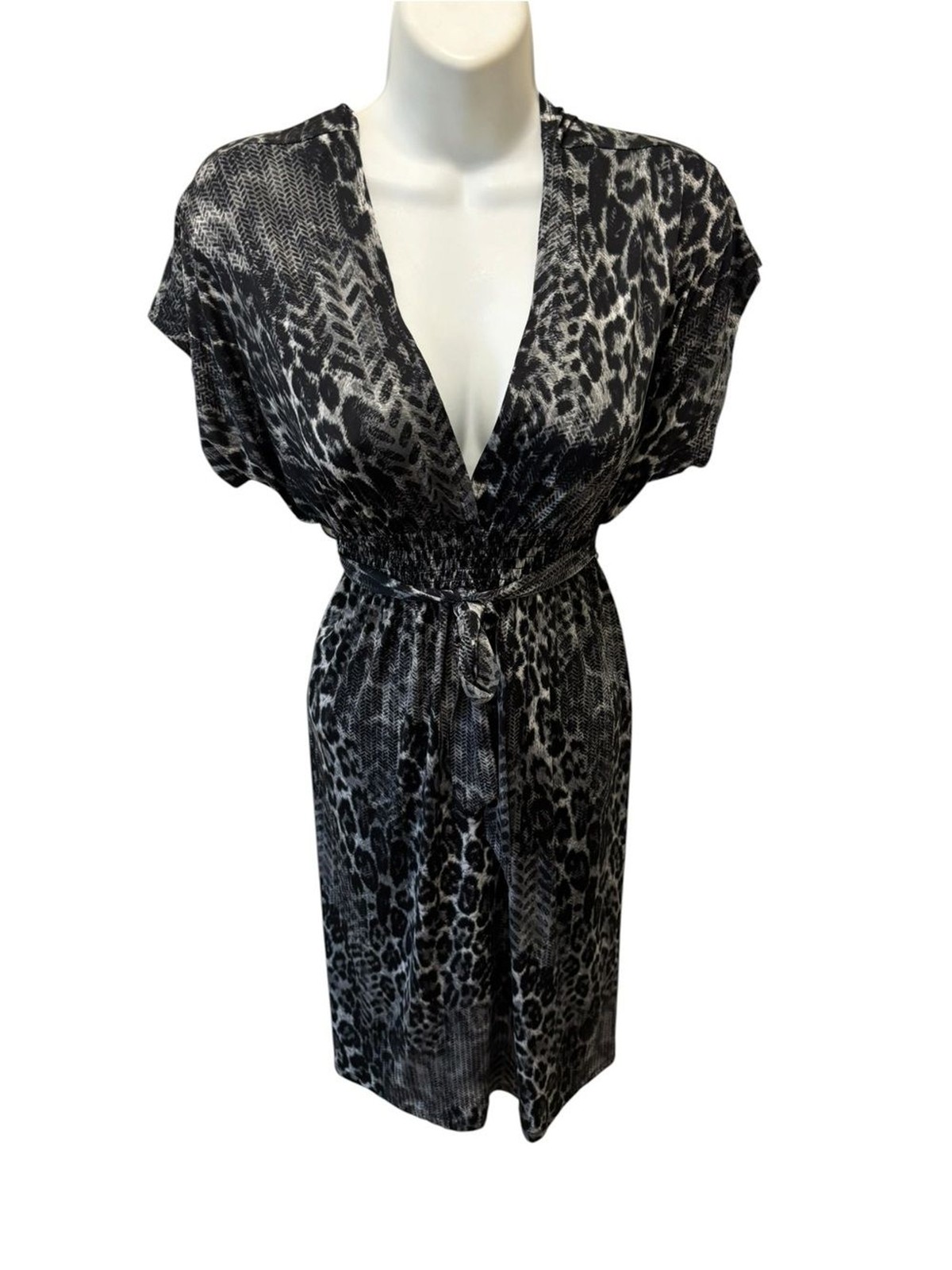 VTG Bisou Bisou Animal Print Empire Tied Waist Dress Sz 8 Gray Black Mob Wife