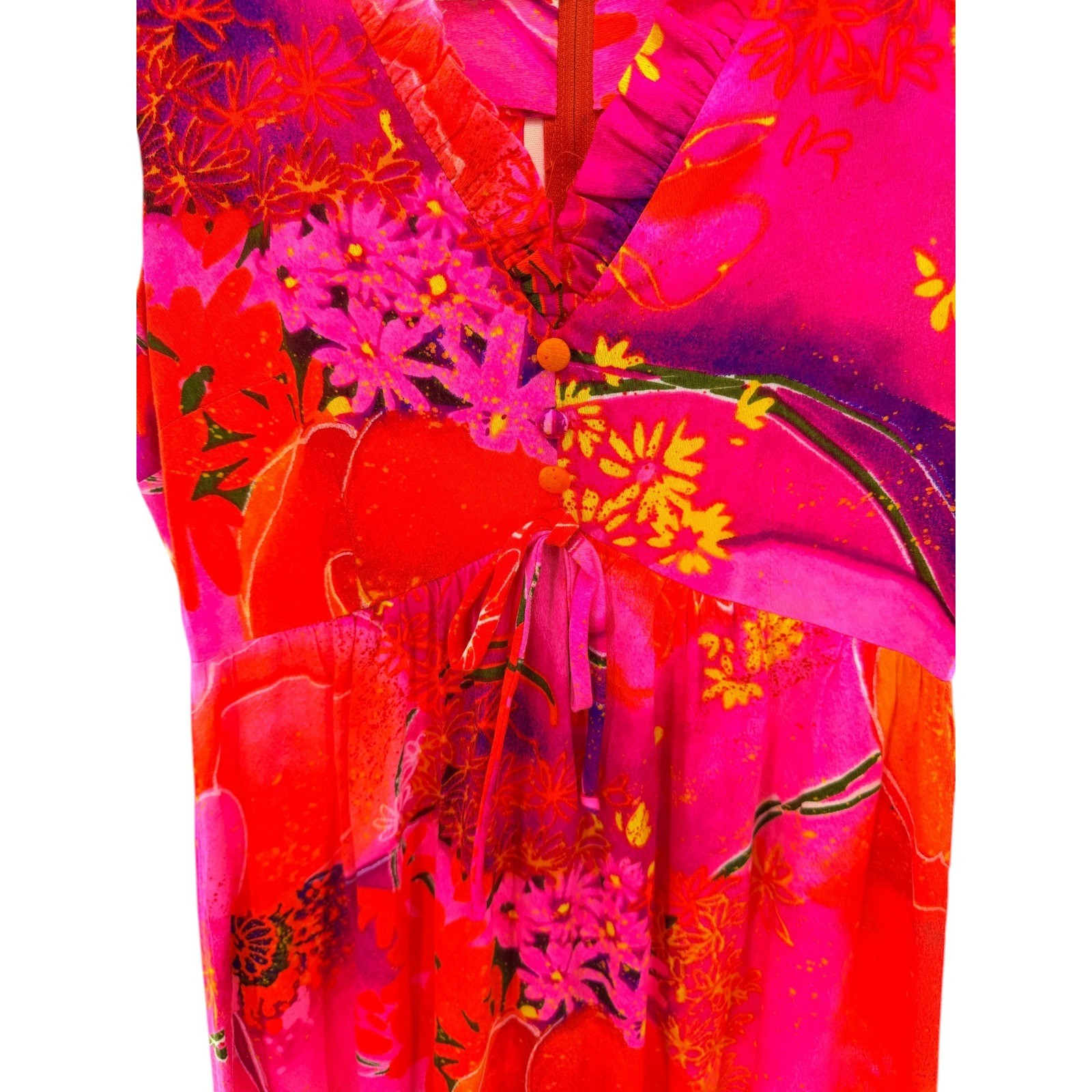 Miss Malina Honolulu Vintage Pink Red Floral Ruffle Maxi Dress Womens 10 12 70s