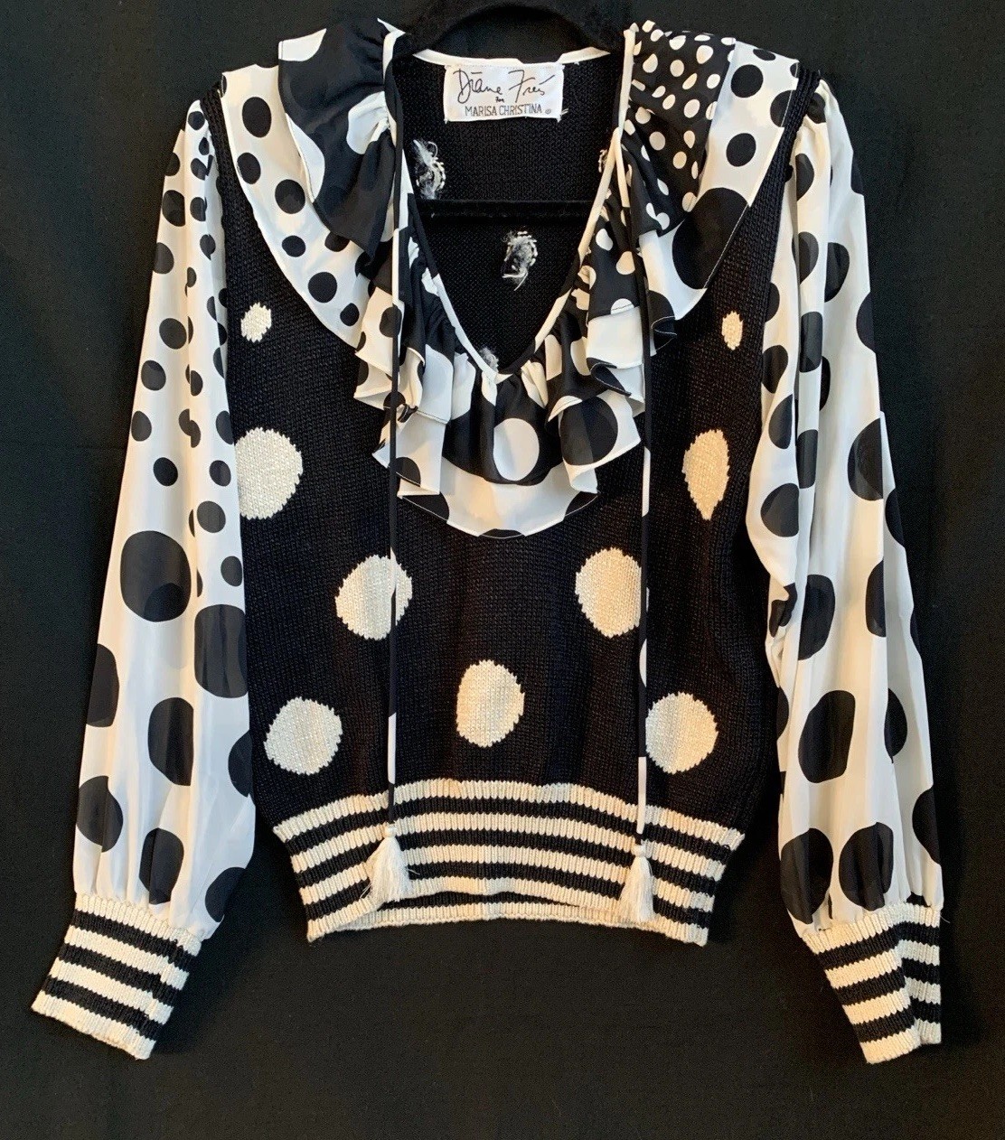 Vtg Diane Freis for Marisa Christina Black/Wh. Polka Dot Ruffle Sweater Blouse M