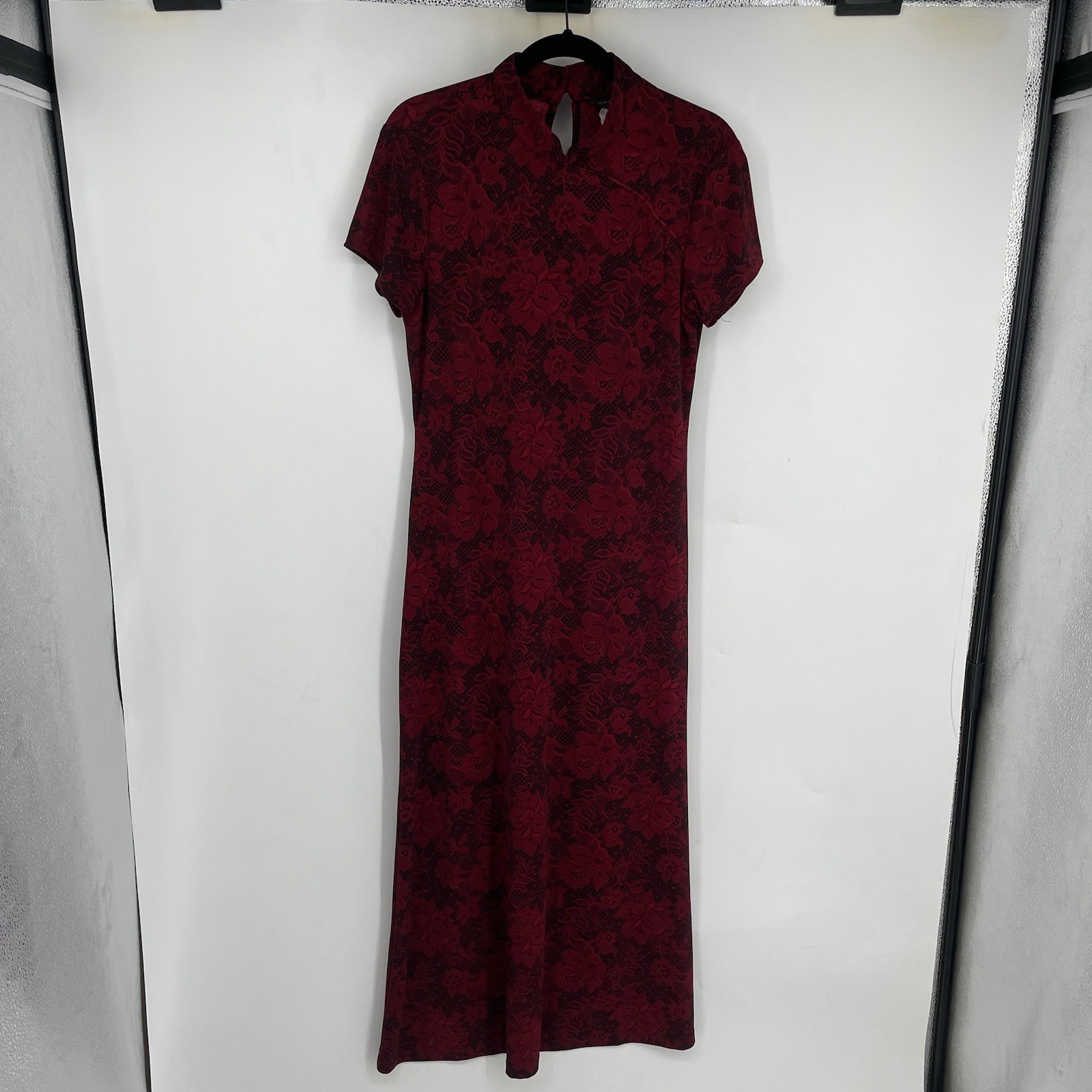 Vintage 90 Dark Romantic Red Black Floral Japanese Chinese Maxi Dress Whimsigoth