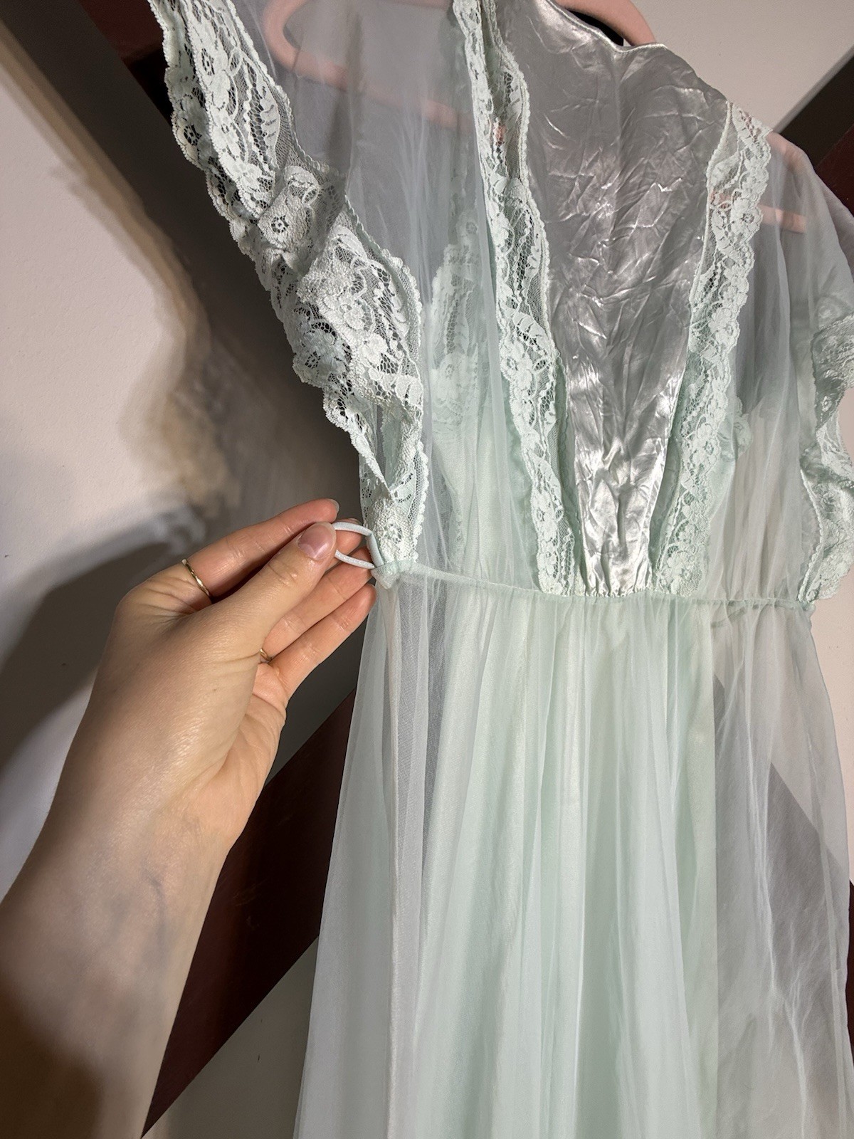 2pc 60s Vintage Nightgown PEIGNOIR Robe Set BABYDOLL Sheer CHIFFON Gown S/M Blue