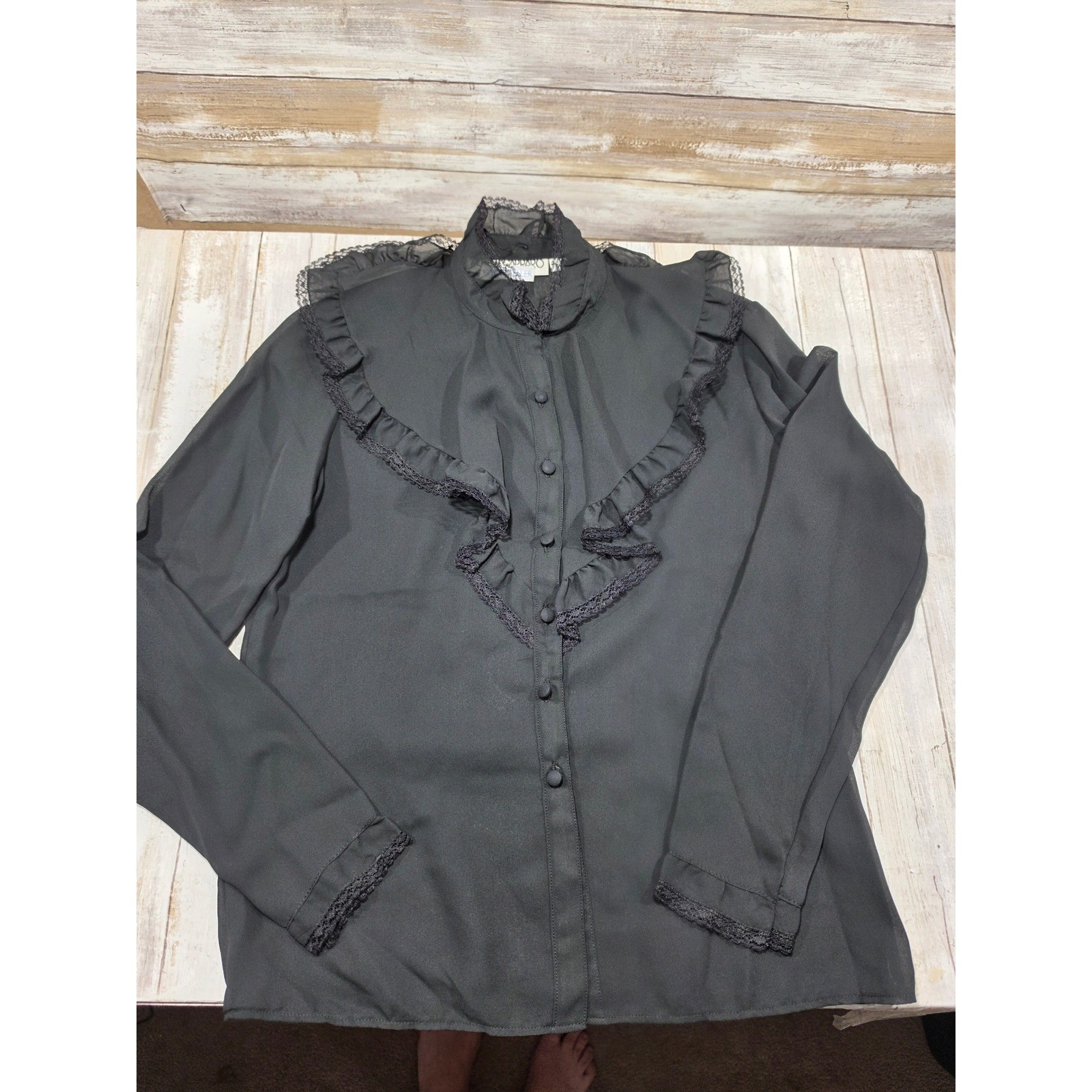 Albert Capraro Bonwit Teller Vintage Black Lace Ruffle Blouse Tie Neck Size 6