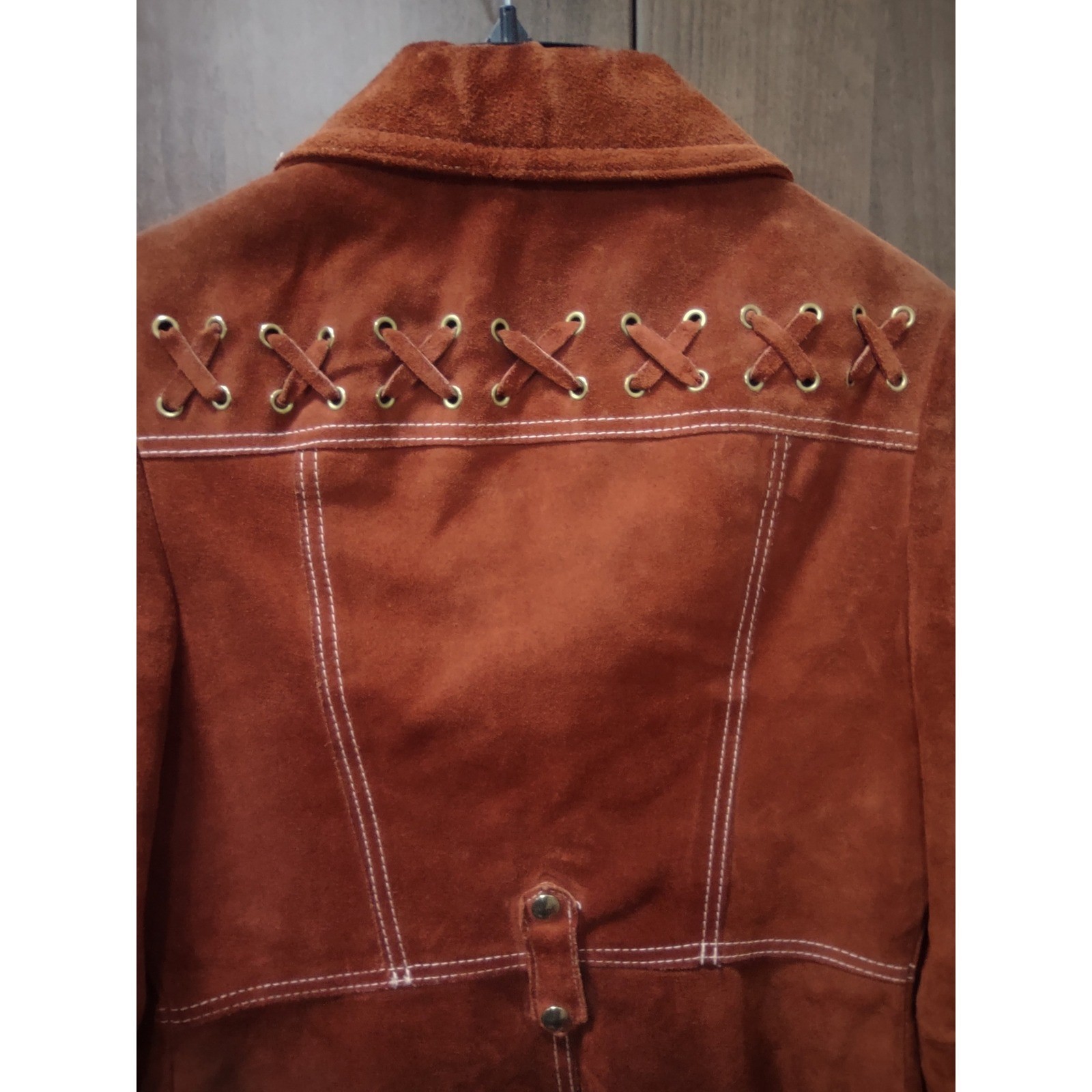 Vintage 70s Burnt Orange Suede Coat Womens Size 13 Snap Closure Lace Up Design