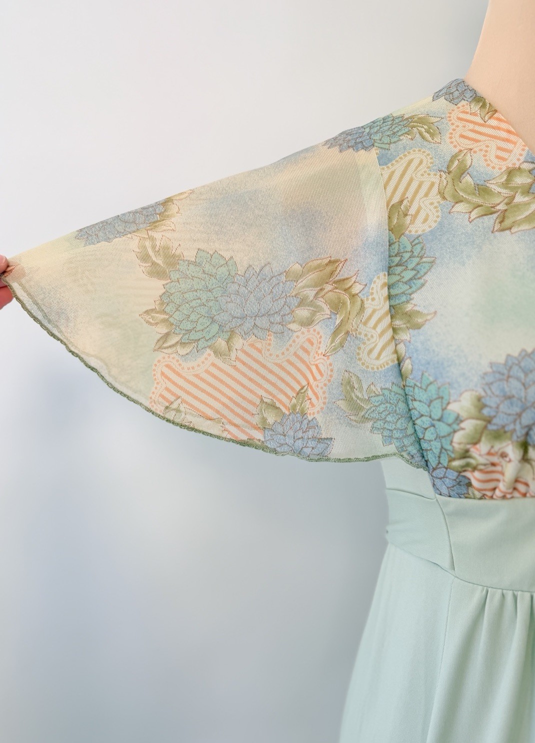 Vintage 70s Angel Sleeve Floral Lady Maxi Jade Green Dress Hippie Small Unique