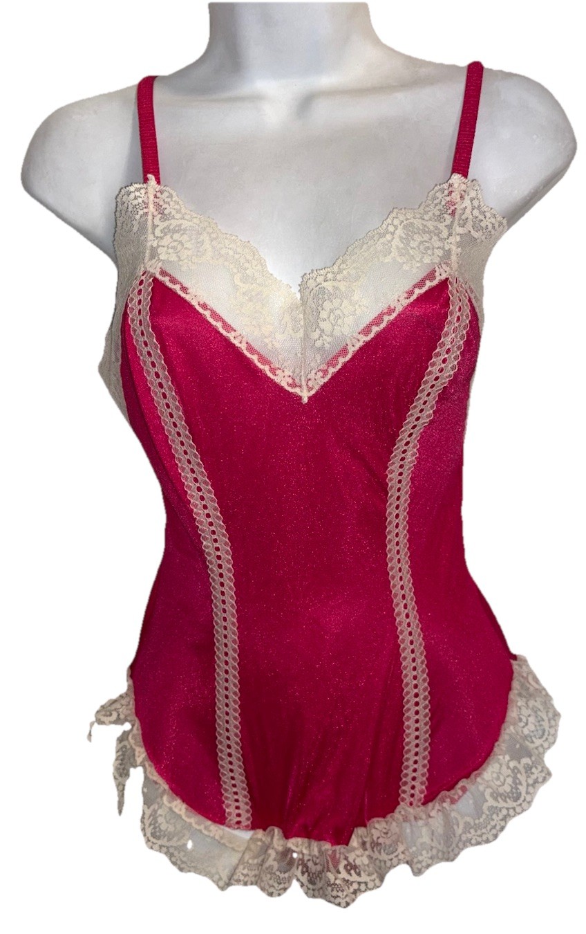 Vintage Nan Flower Magenta Nylon White Ruffled Lace Teddy Bodysuit Sz S