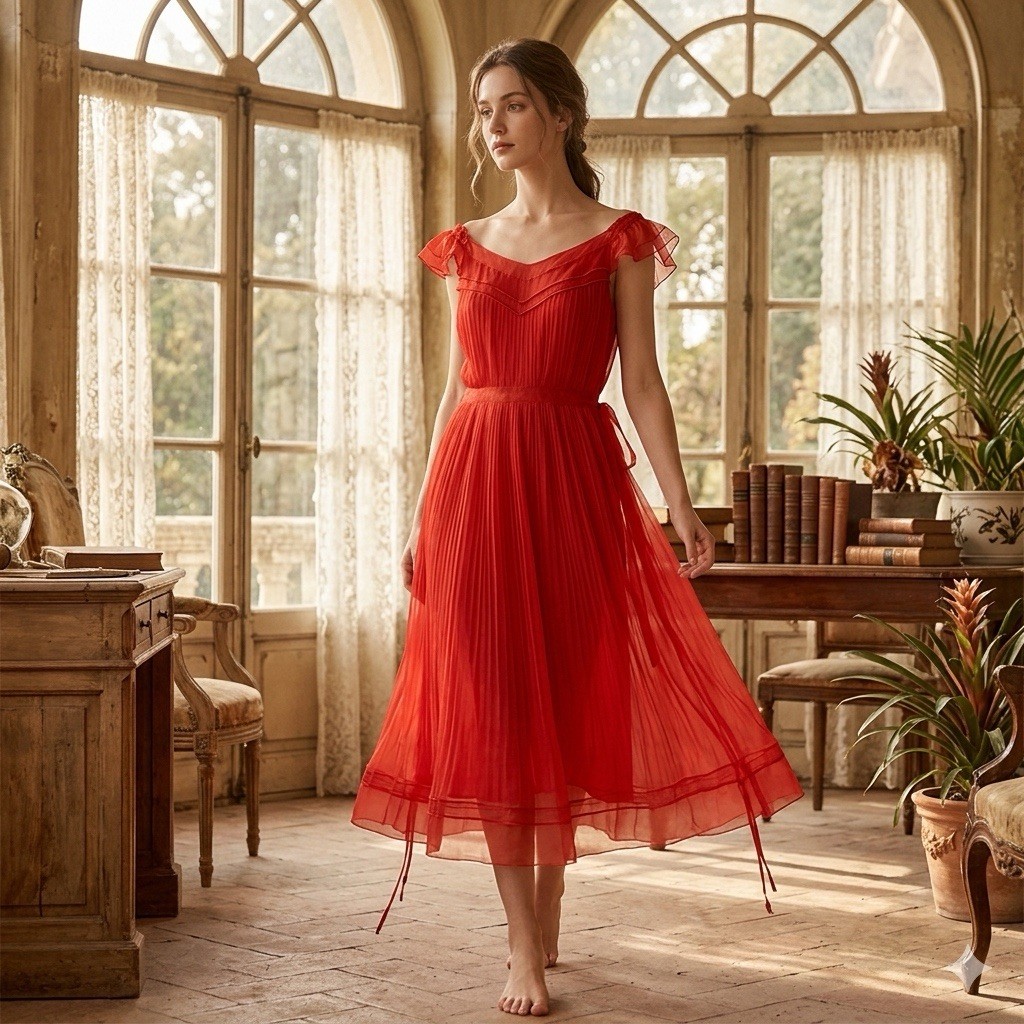 Vtg Vanity Fair Night Gown Chiffon Red Maxi Swing S/M Full Length Ruffled Pinup