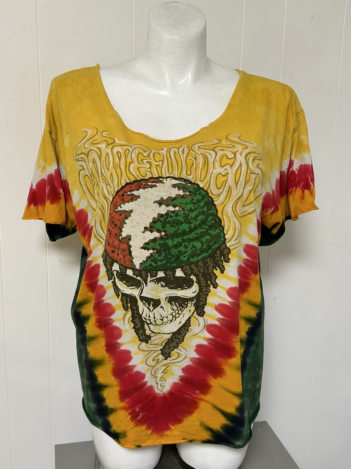 Rasta Skelton Greatful Dead Vintage 2003 Tye Dye Hippy Shirt Yellow Modified XXL