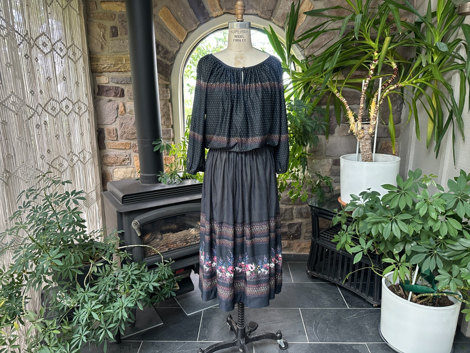 Vintage 1970s Black Floral and Polka Dot Knit Dress Liz Roberts Inc