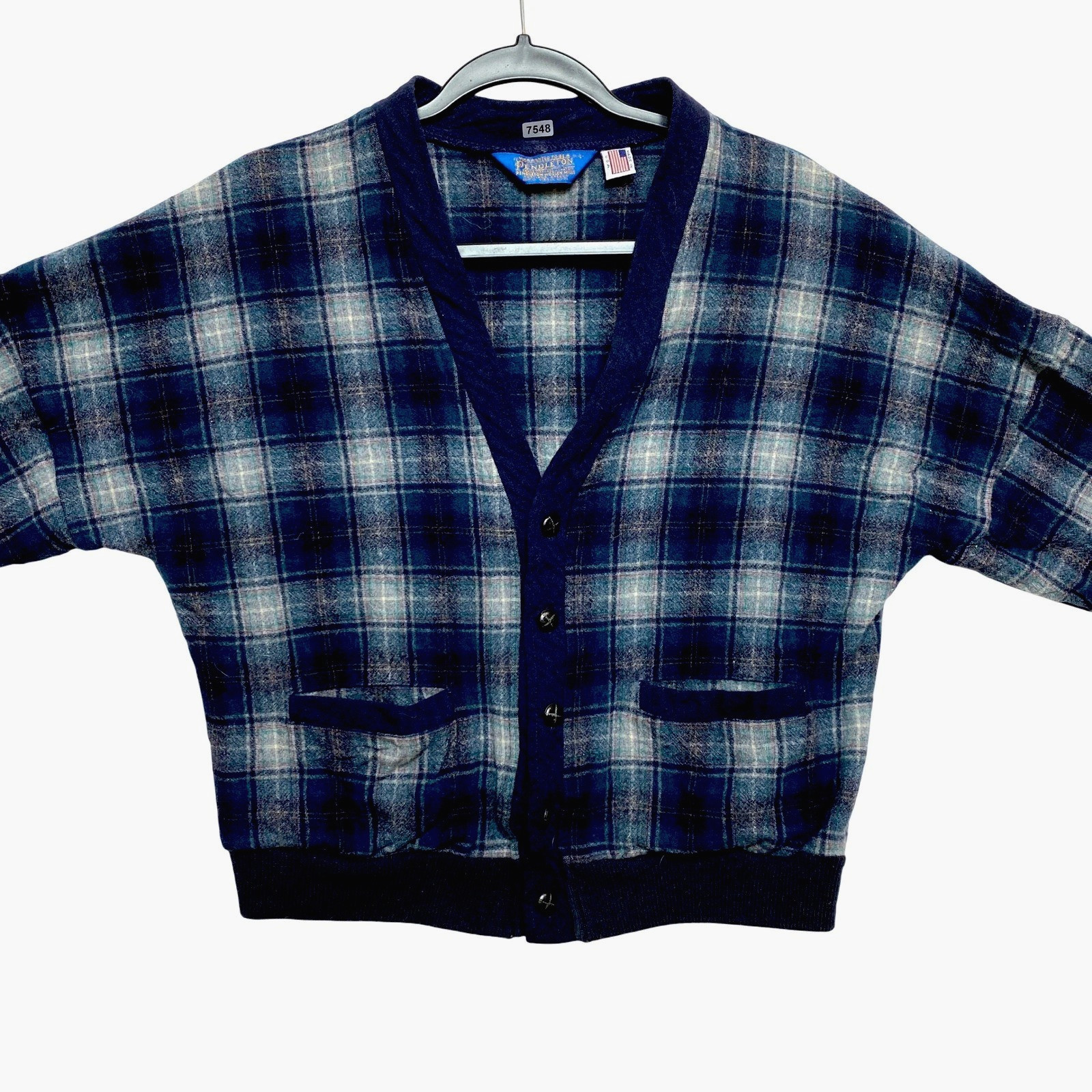 Pendleton Sweater Womens Large Blue Cardigan Plaid Virgin Wool