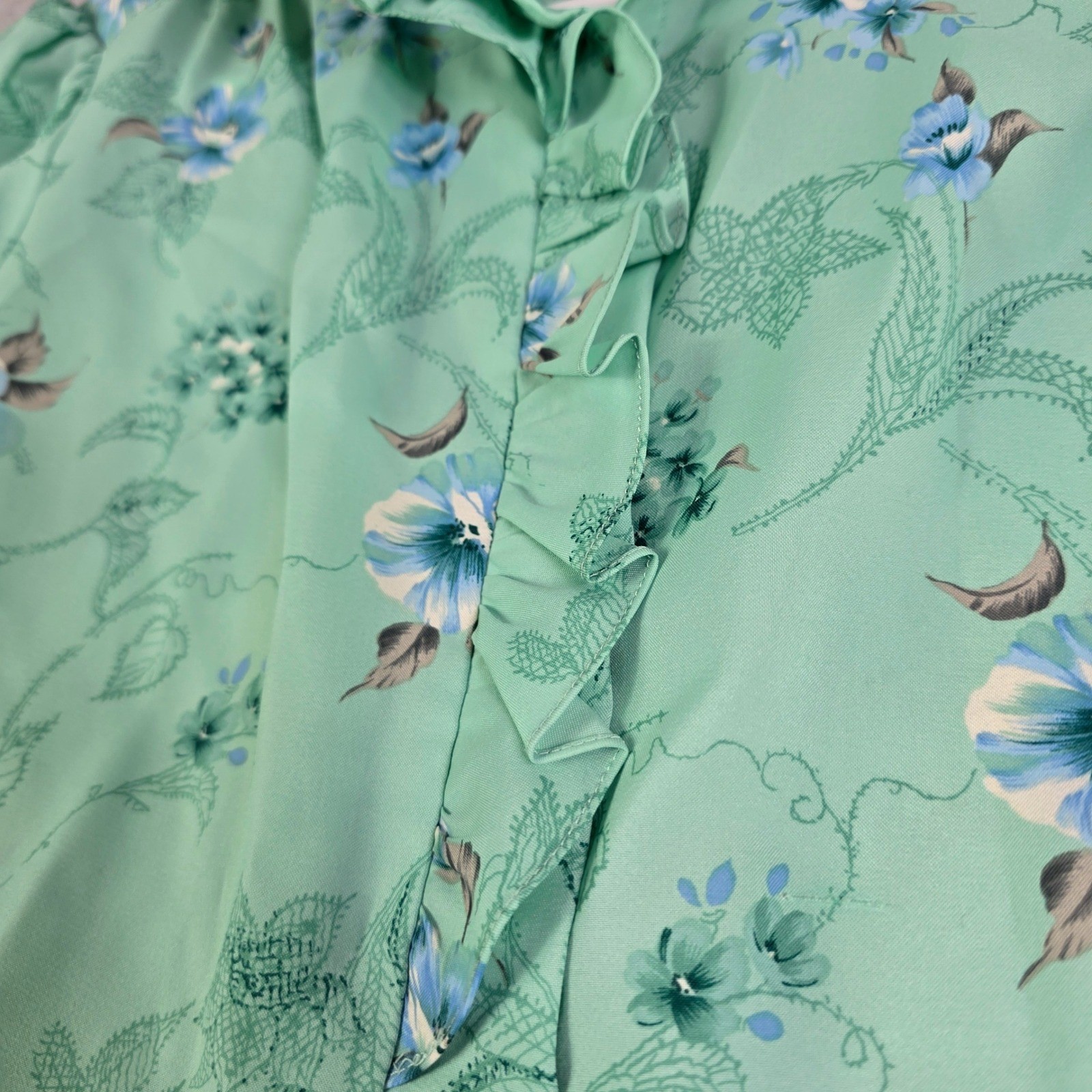 Vintage Floral Ruffle Blouse Womens 8 Mint Green Victorian Style Pastel Grandma