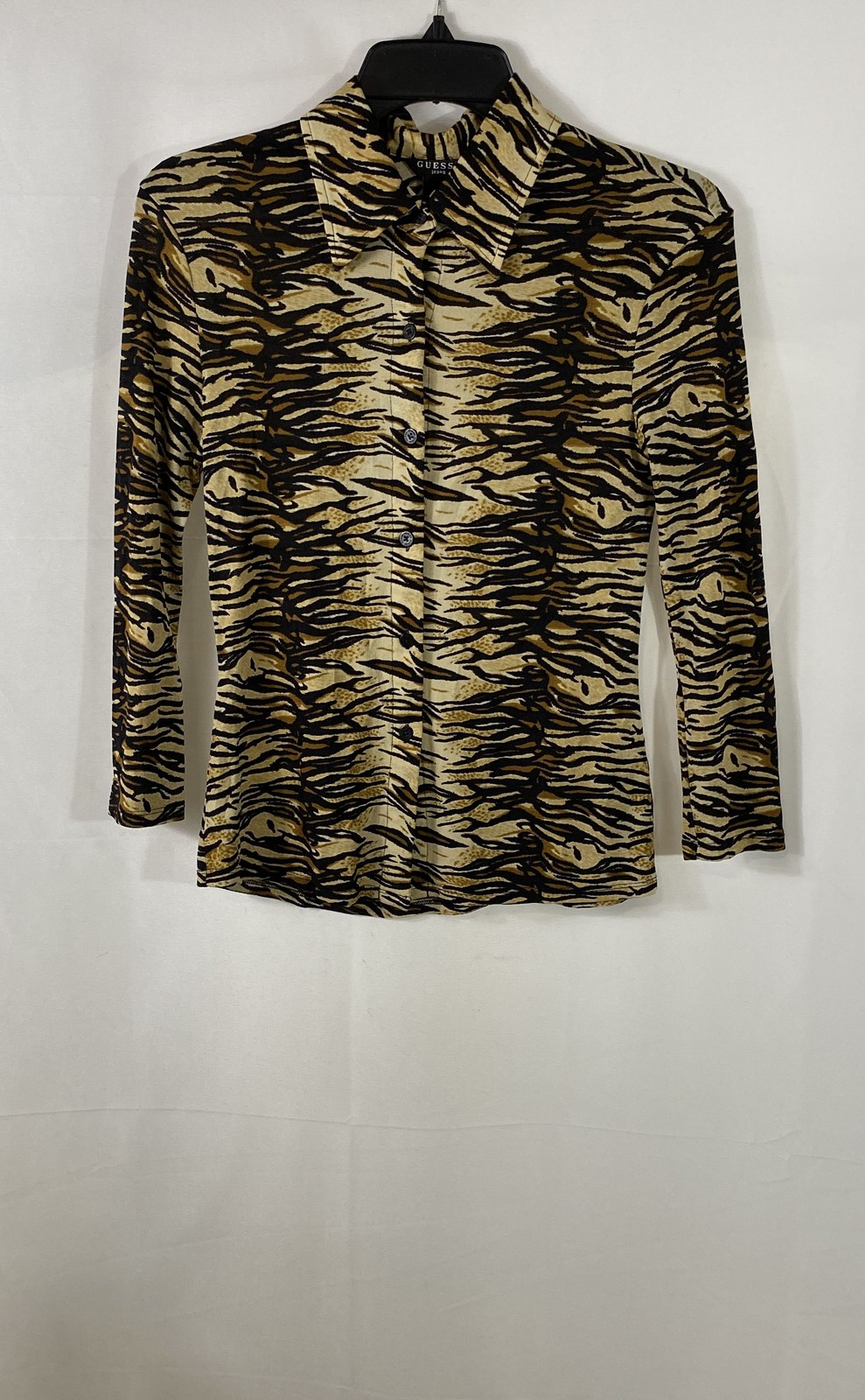 Vintage 90s Guess Jeans Women’s Tiger Print Nylon Blouse Tan Black Sz L