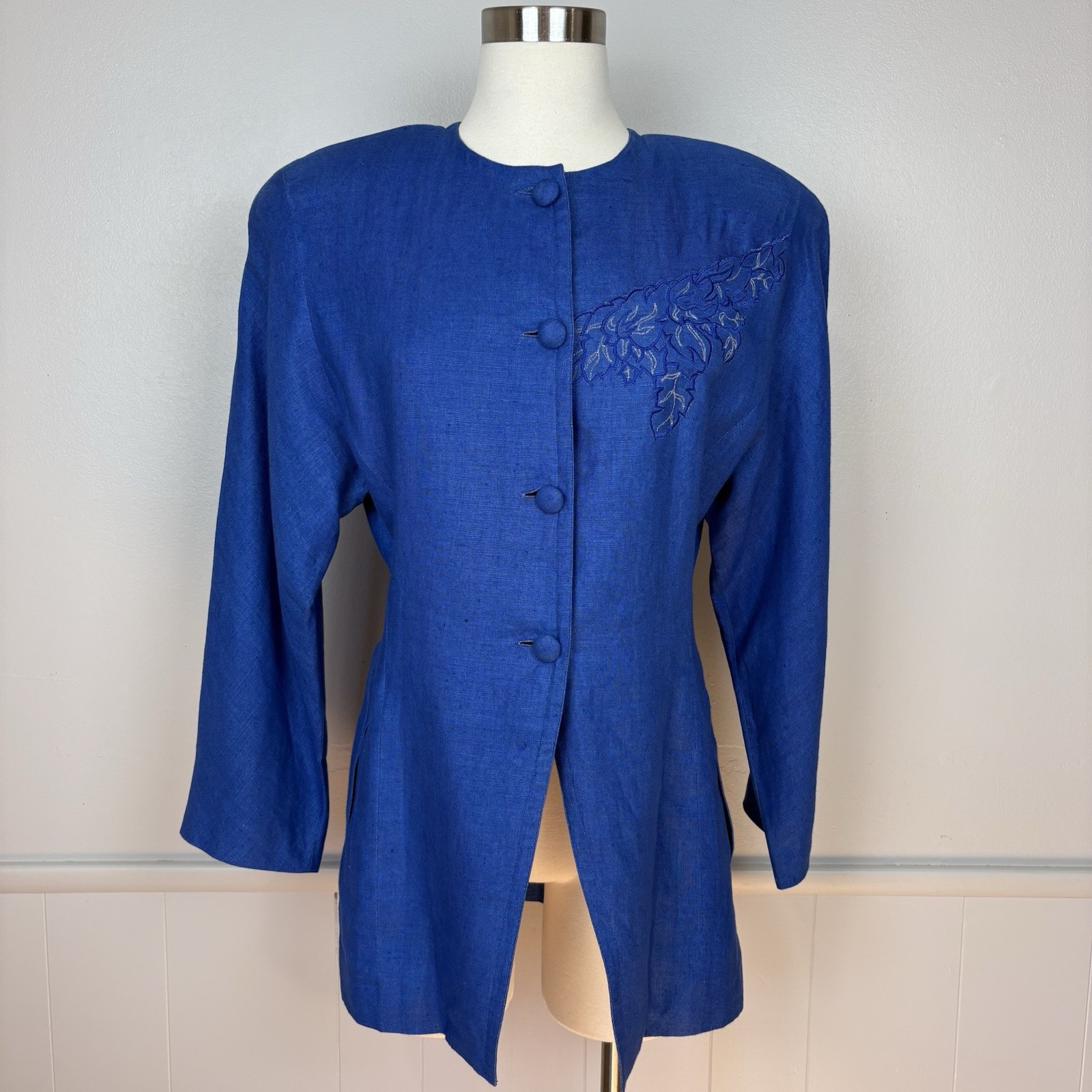 Vintage Joseph Ho 1980s Royal Blue 100% Linen Suit Jacket Floral Embroidery Sz 8