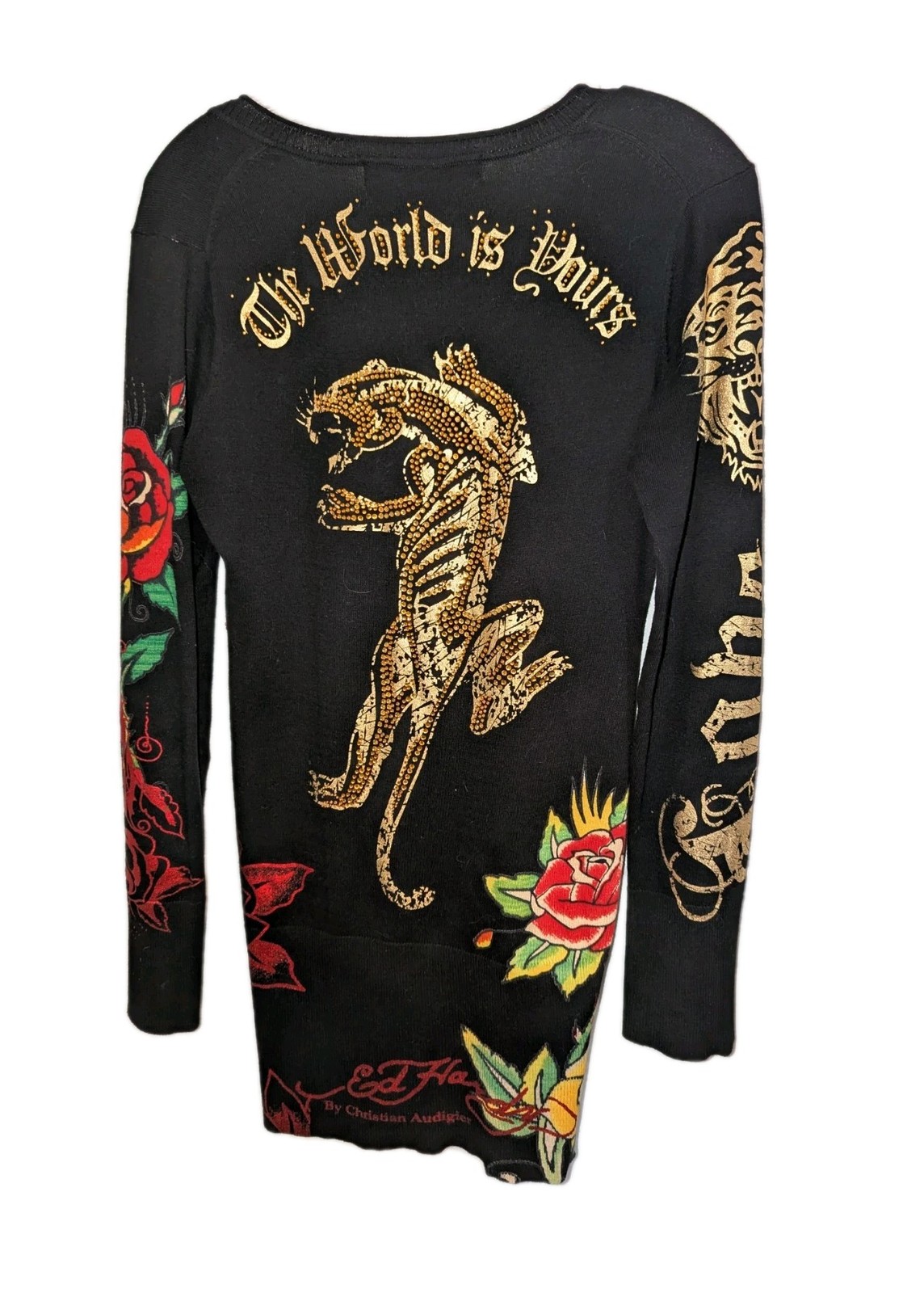 Vtg Ed Hardy Christian Audigier Bodycon Blingy Sweater Dress Y2K Panther Med A+!