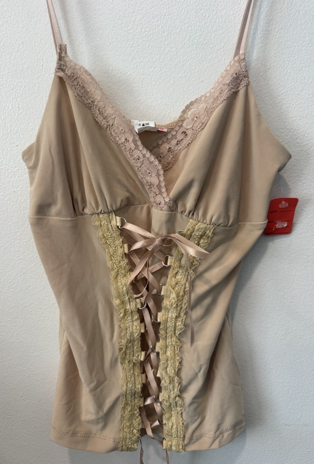 Vintage Y2K Nude Lace-Up Corset Cami Top Fairy Grunge Boho Festival M