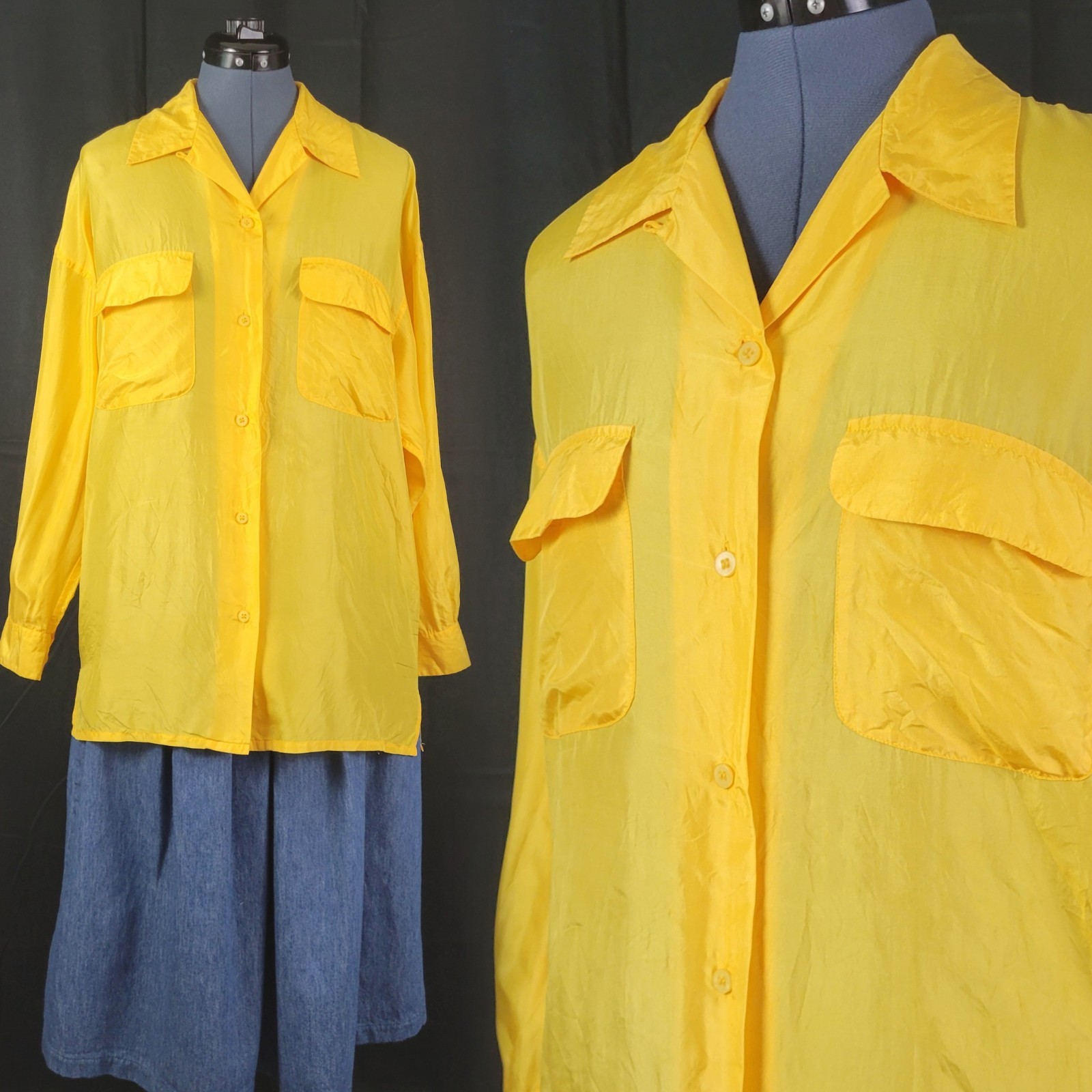 Vintage Bonjour Yellow Oversized Silk Blouse w Button Down & Flap Pockets Size M