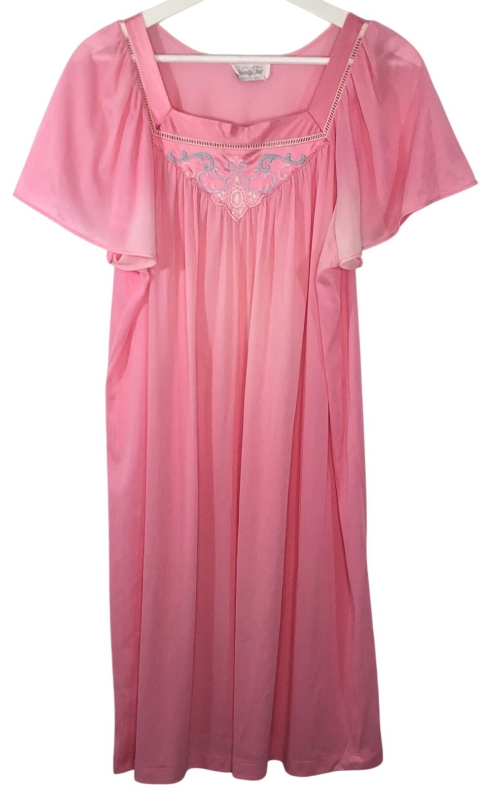 Vintage Vanity Fair Pink Nightgown Embroidered Flutter Sleeves Size Large