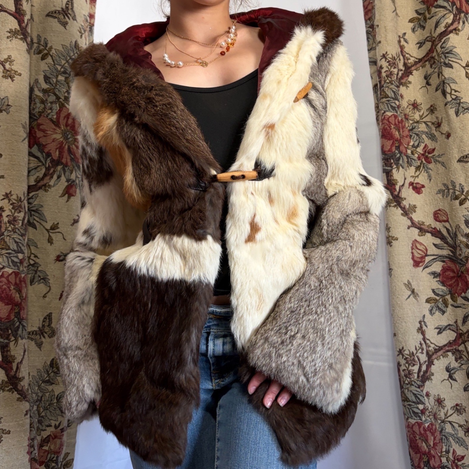 Vintage Natural Rabbit Fur patchwork coat with loop closure on front and pockets