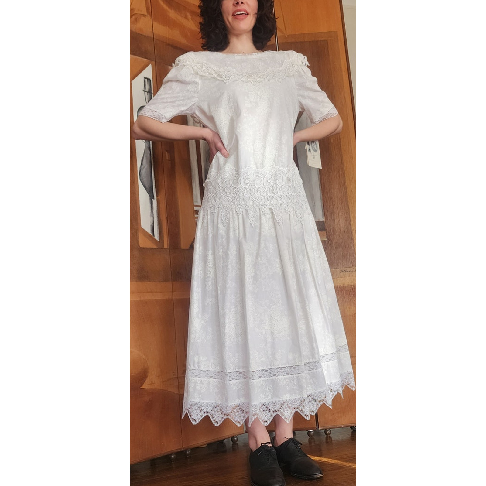 Vintage 1980s Scott McClintock White Lace Dress Drop Waist Puffed Sleeves NWT