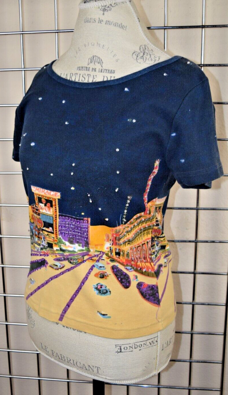 VTG Las Vegas Top Take Two Size S/M 80s City Scape Mirage Siegfried Roy Sequins