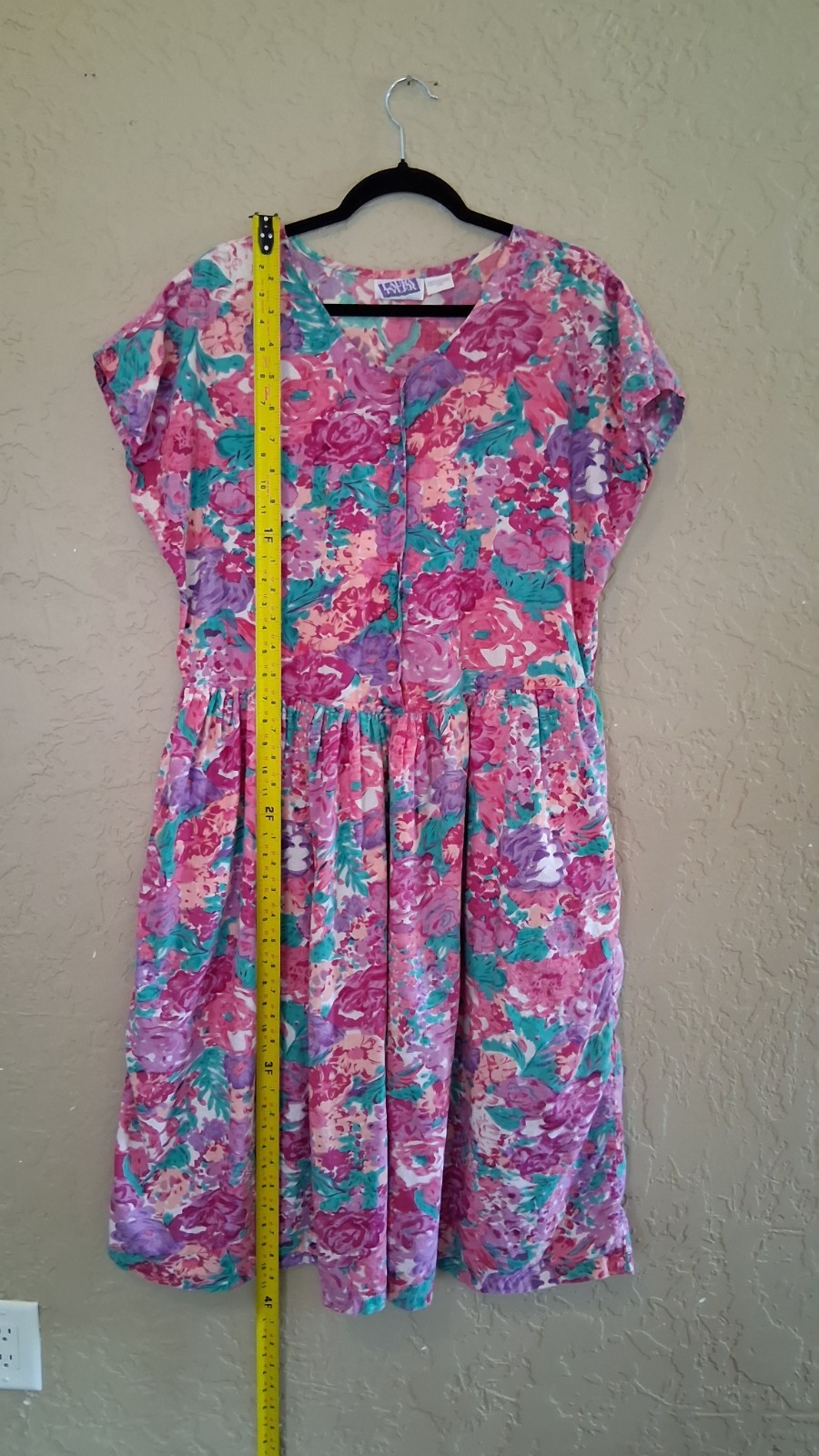 Vintage 80s Laura Tyler Cotton Floral Dress 2X Boho Cottagecore V Neck Mini