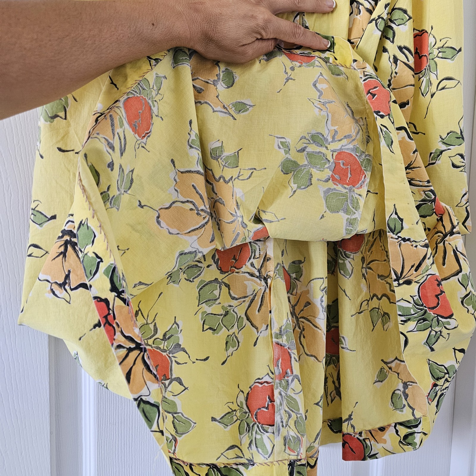 1950s Vintage Novelty Floral Yellow Midi High Waist Cotton Skirt Belt Set #66