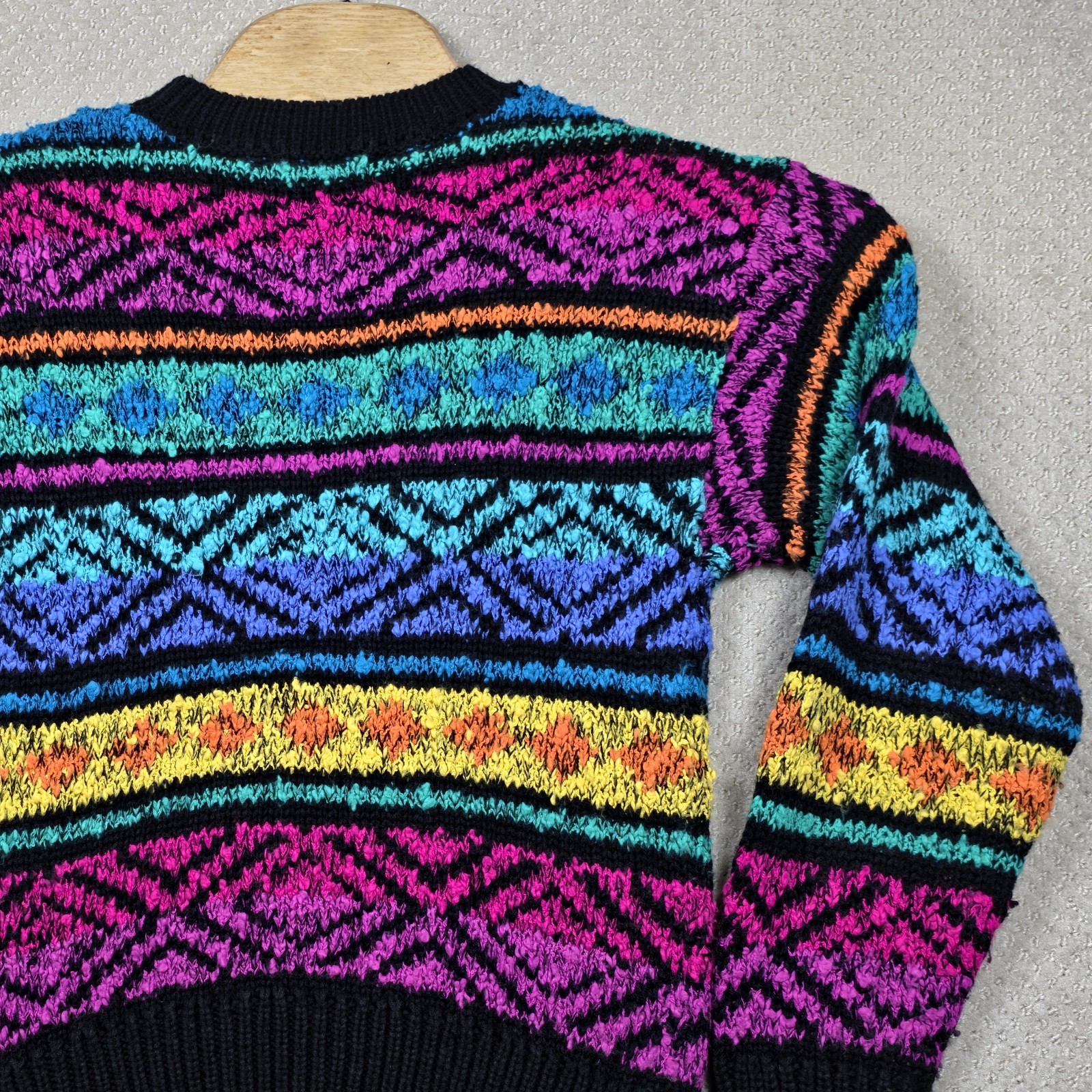 VTG 80s Cristina Sweater Women M Black Neon Aztec Cosby Chunky Knit Shoulder Pad