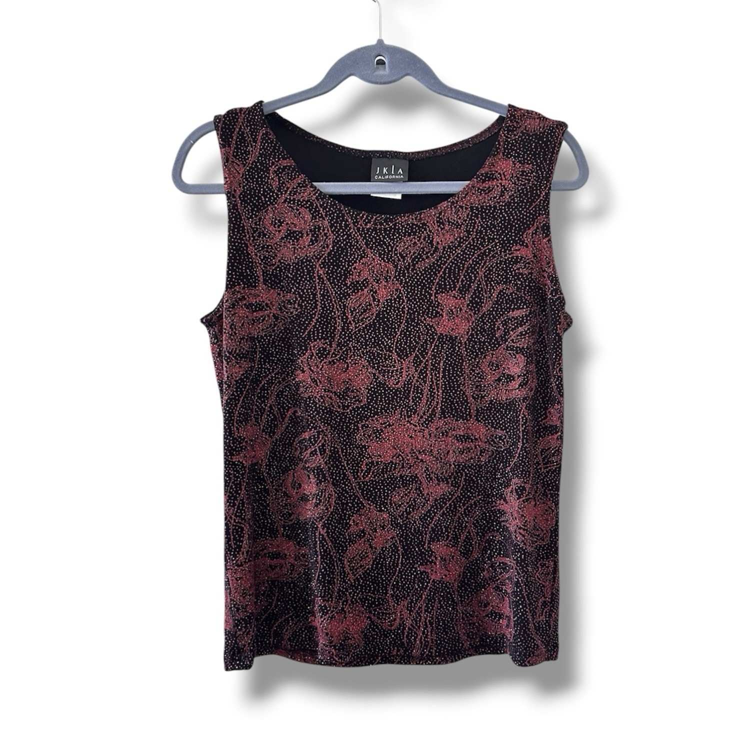 Vintage 90s JKLA Black & Red Glitter Floral Slinky Tank Top Women’s Sz Med Party