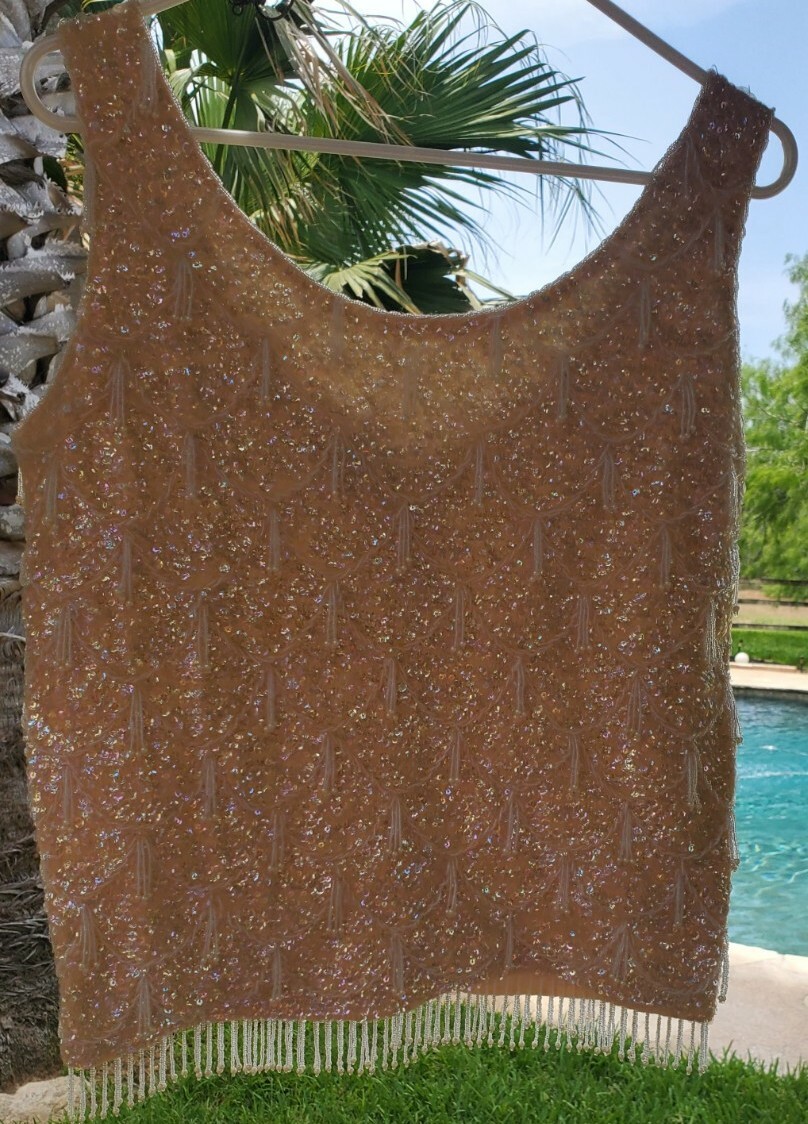 Gimbels Vintage Cream Color Hand Beaded & Sequin Lg Sleeveless Top Wool